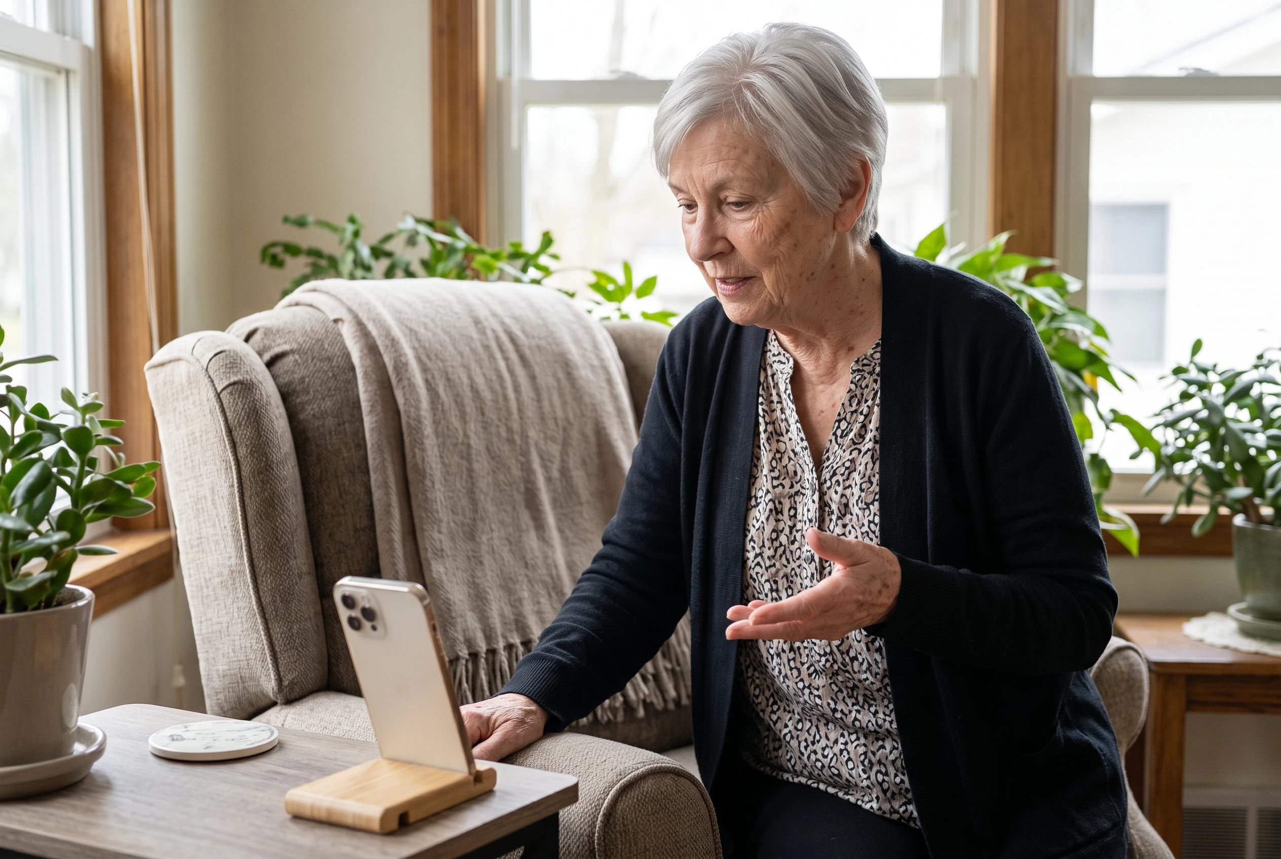 Woman watching a tai chi lesson on her phone while standing beside a chair in her den.