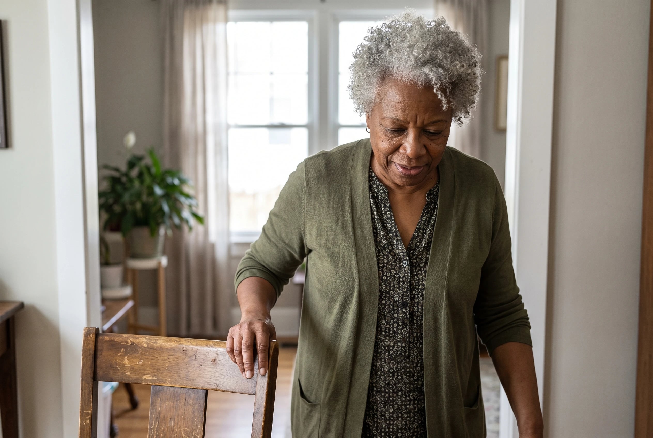 Woman standing beside a dining chair as she shifts weight from one foot to the other in her living room.