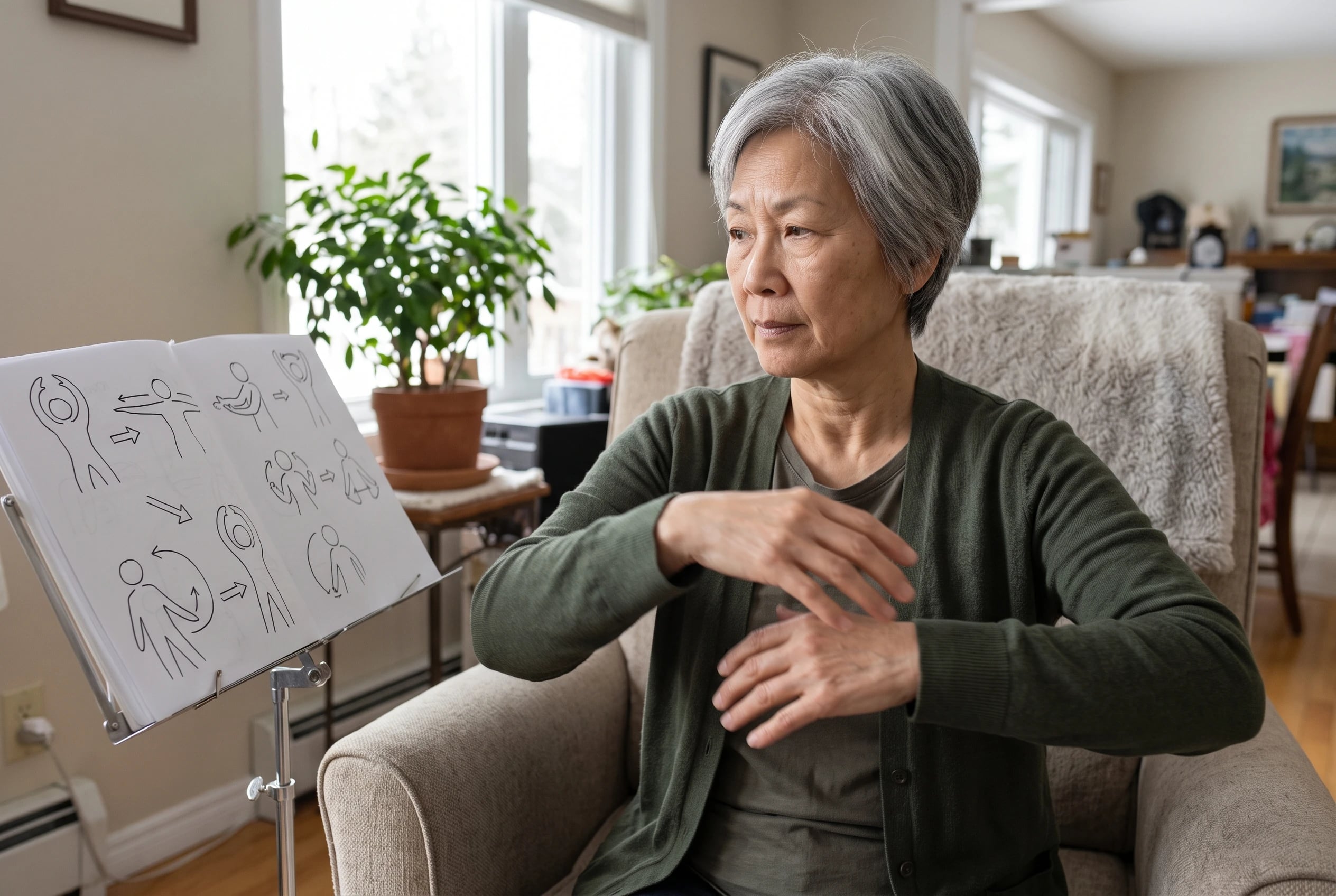 Woman practicing a seated arm movement beside an open exercise handout in her living room.
