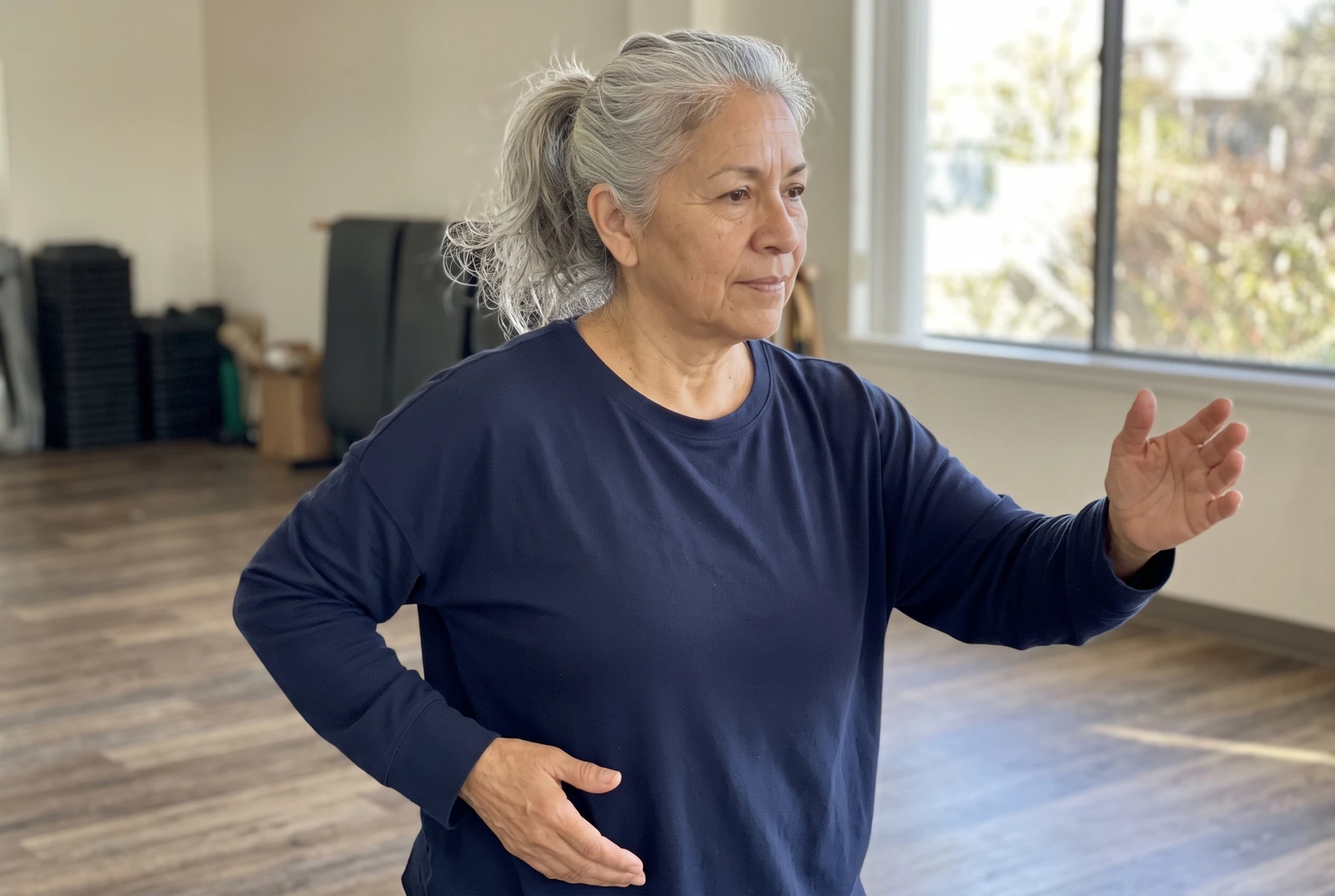 Woman following a beginner tai chi form in a community center exercise room.