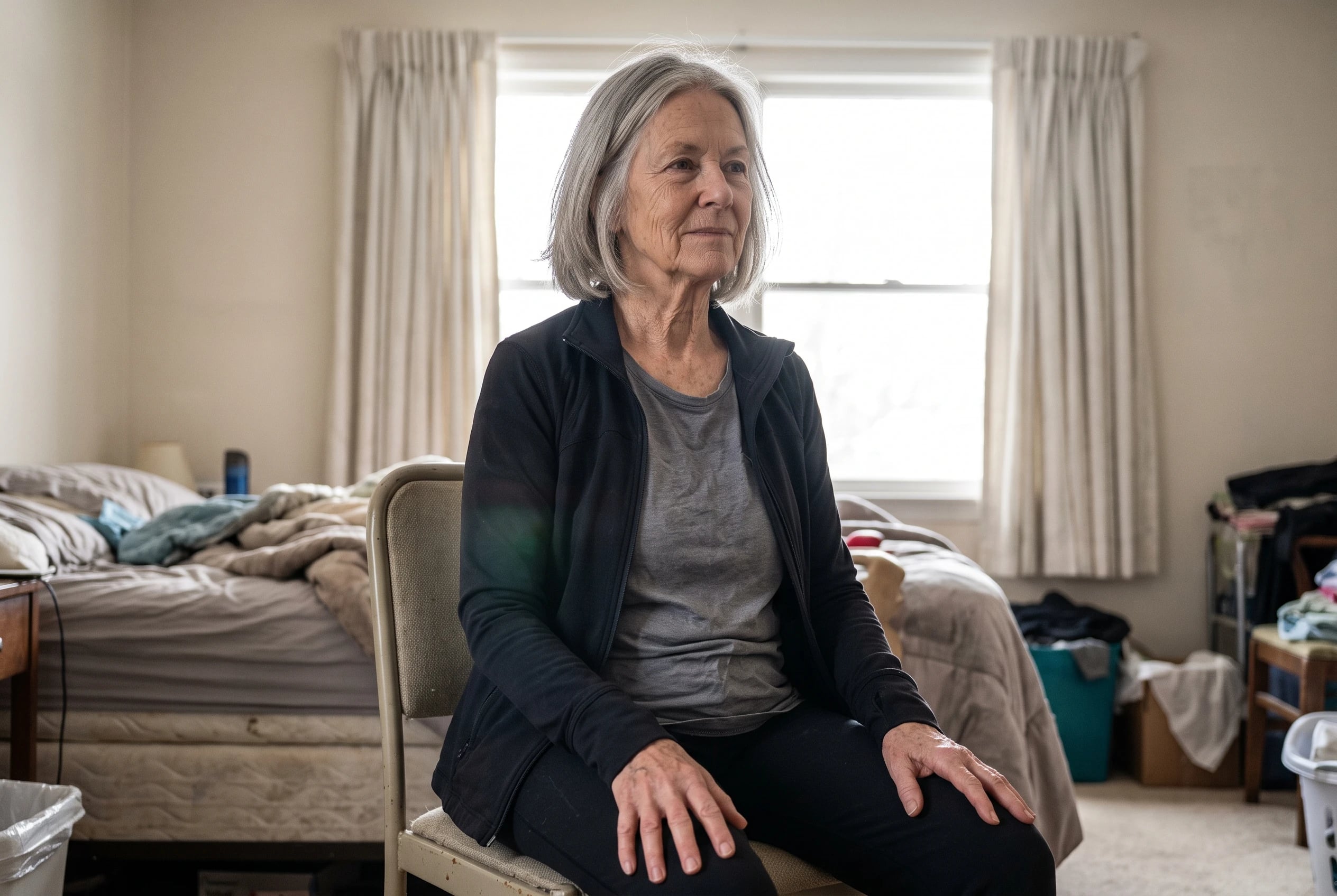 Woman sitting upright and breathing after exercise on a bedroom chair.