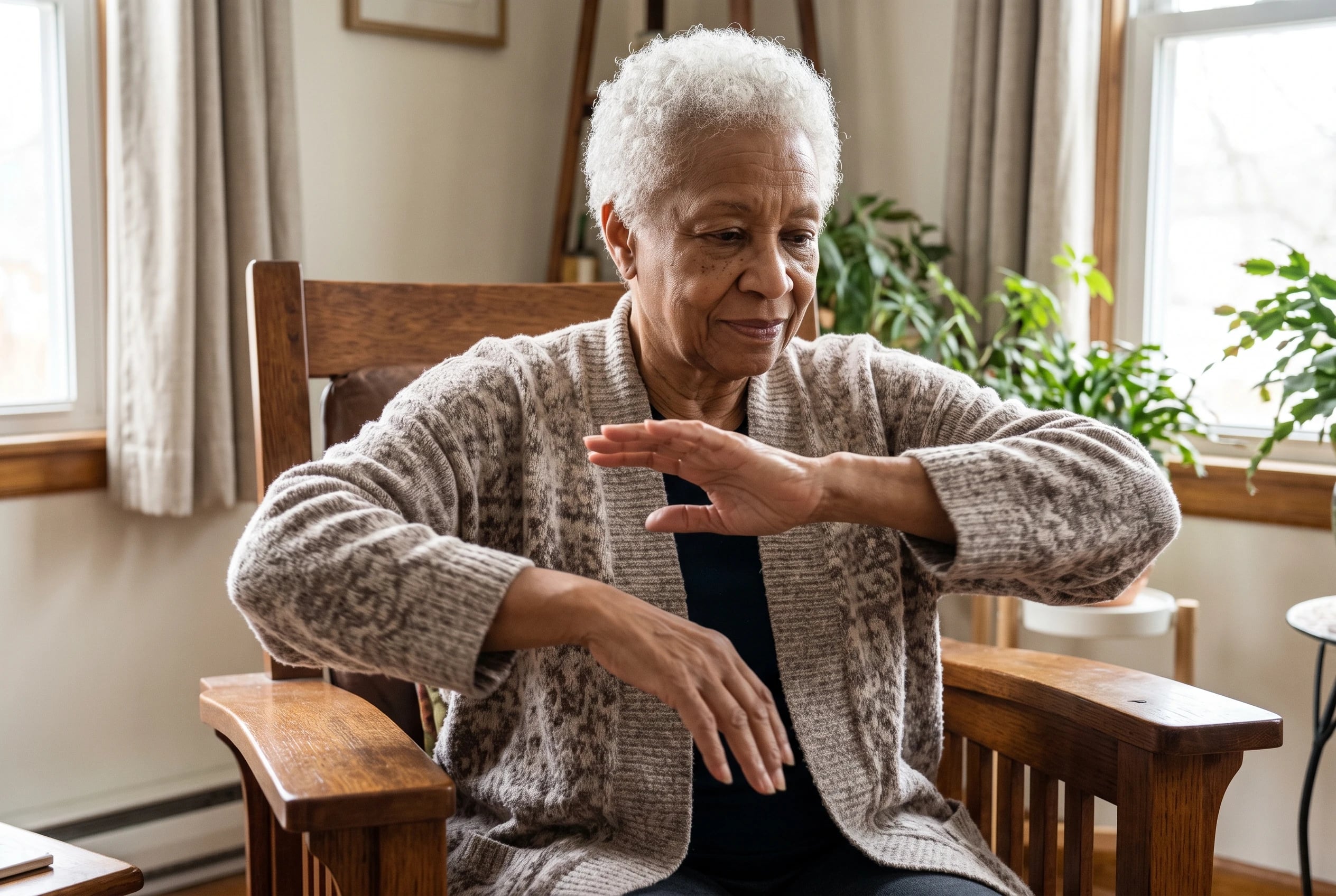 Woman practicing a seated tai chi arm flow in a sturdy chair by a window.