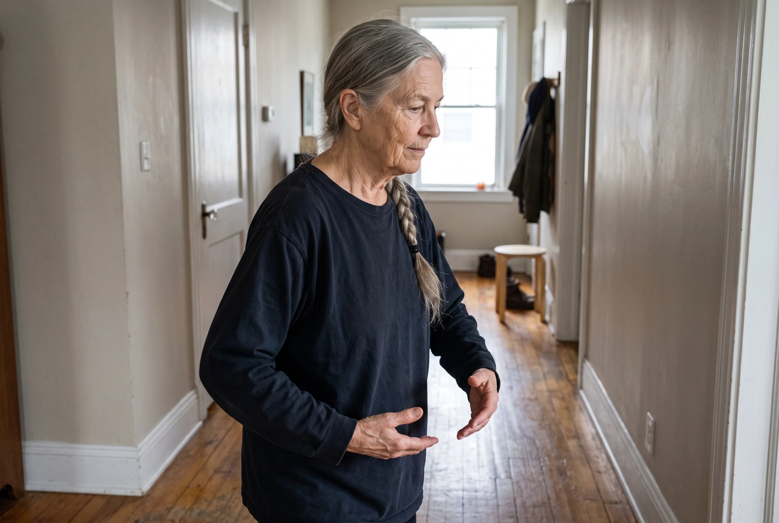 Woman taking a slow tai chi walking step across a clear hallway at home.