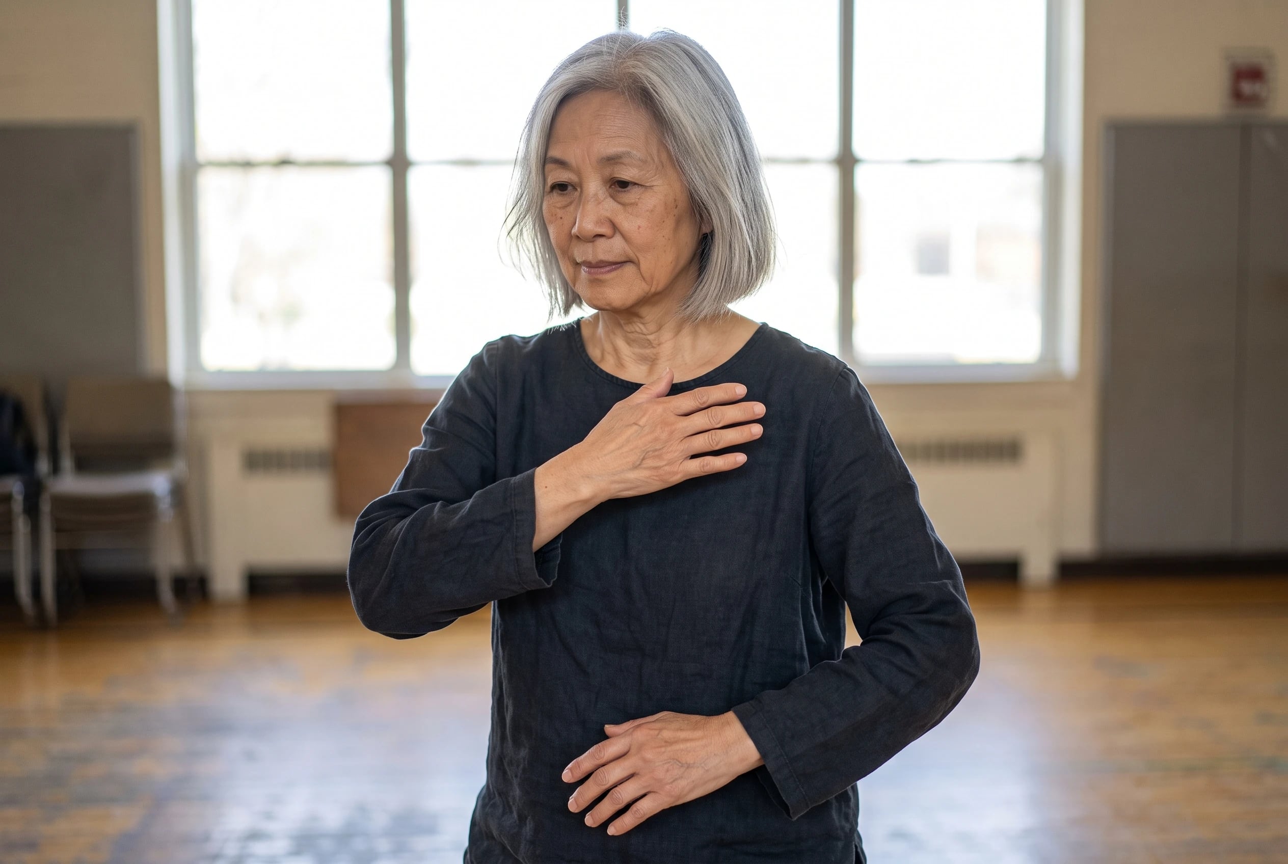 Woman practicing cloud hands with a small sideways step in a recreation center.