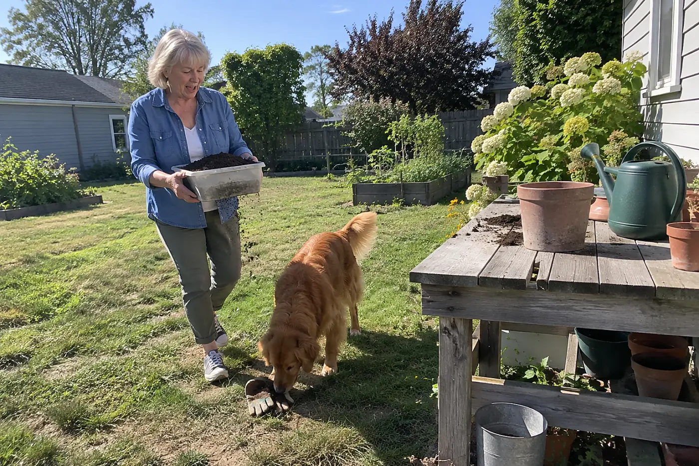 A woman in her sixties carries a container of soil toward a potting bench.