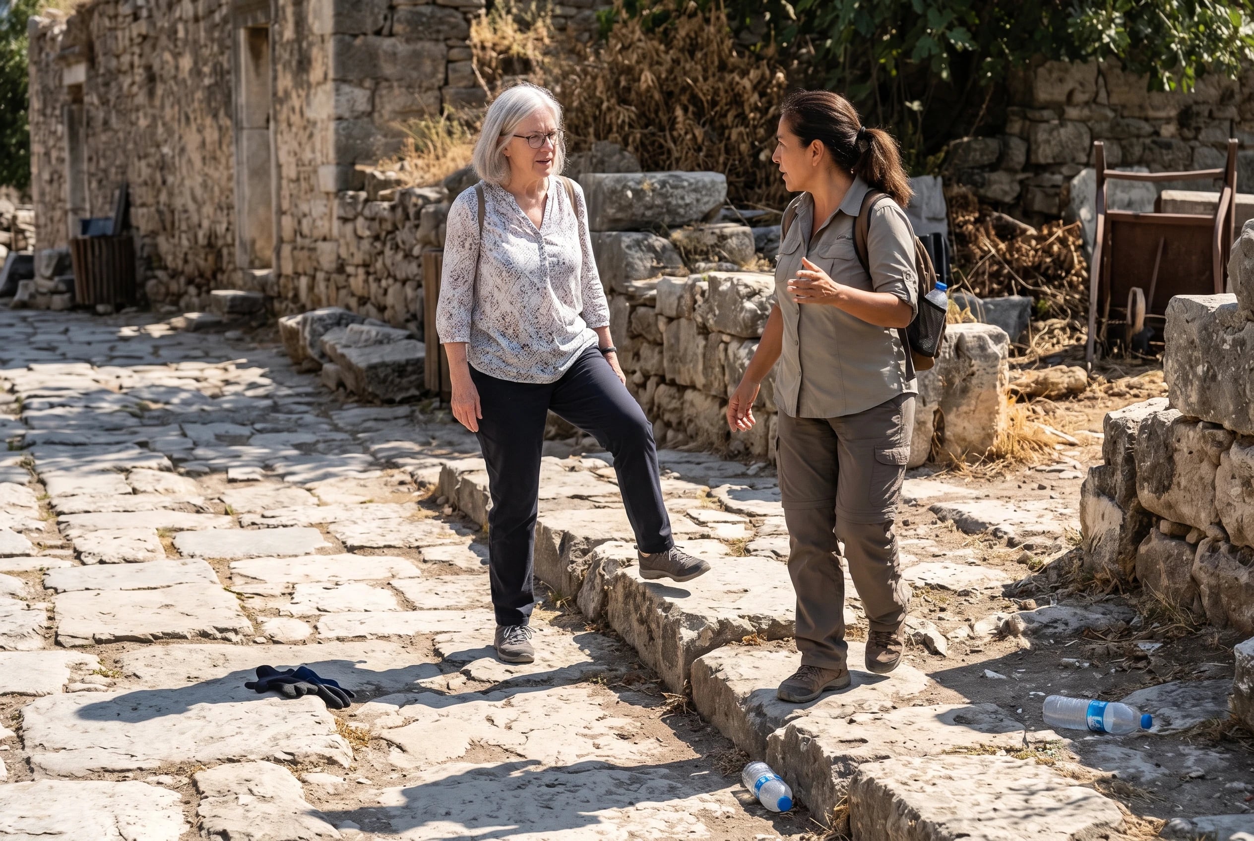 An older woman following a guide along a stone path in Turkey.