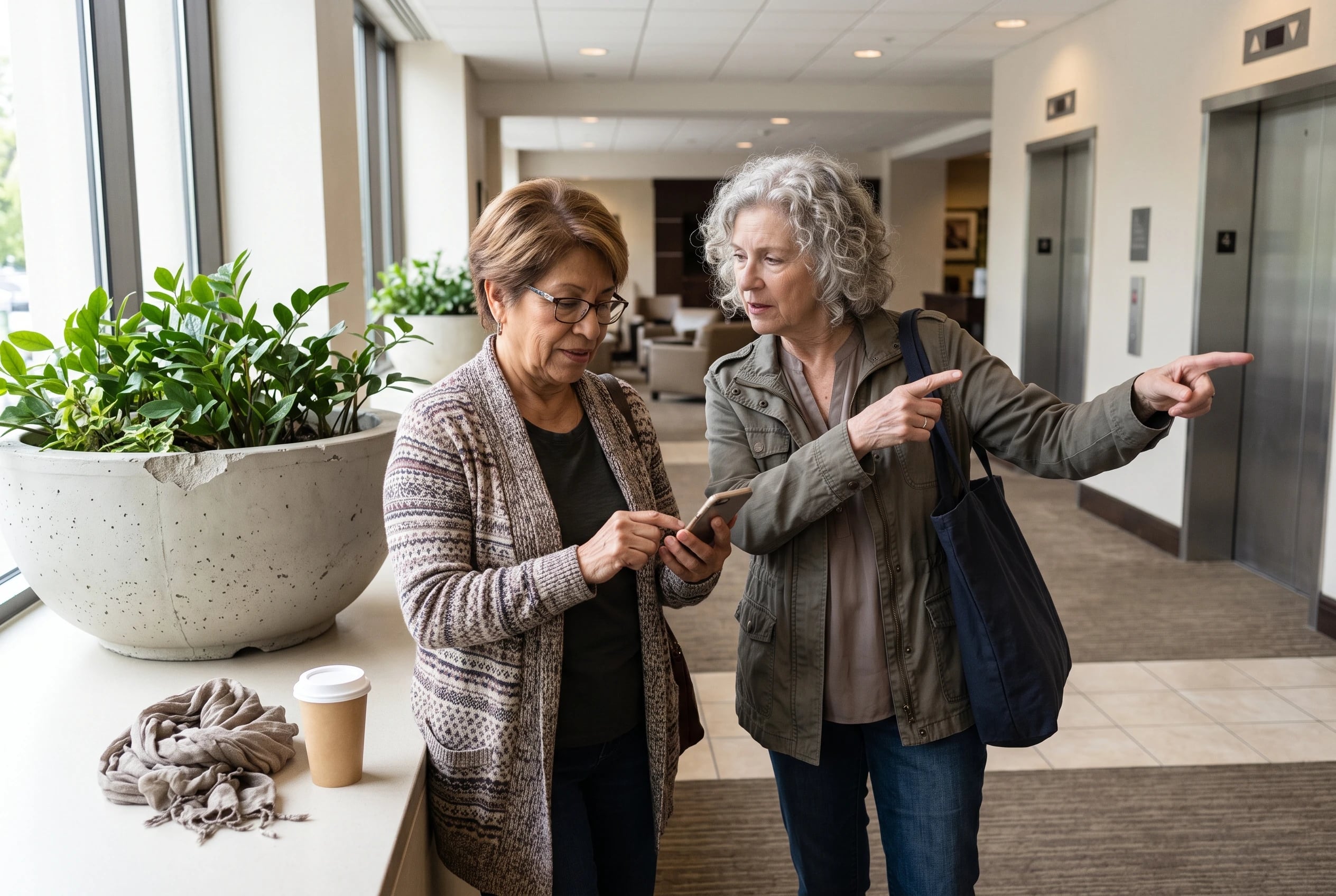 An older woman checking her tour itinerary on her phone in a hotel lobby.