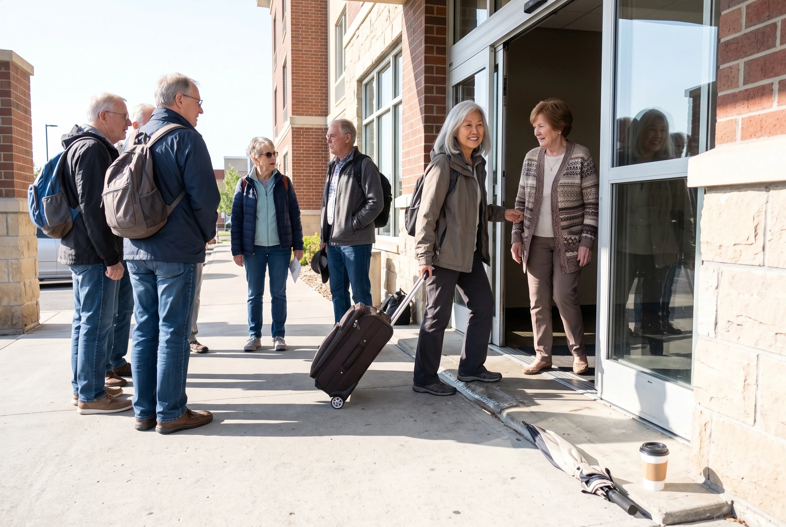 A woman in her seventies joining a small tour group outside a hotel entrance.