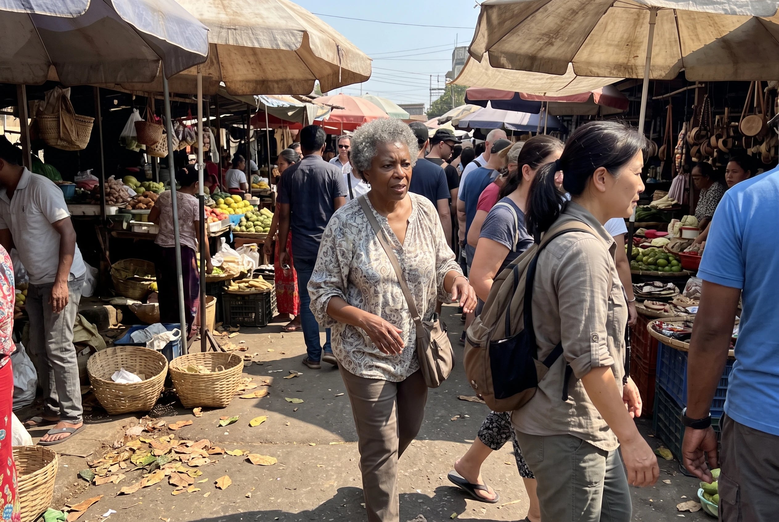 An older woman walking with a tour leader through a busy outdoor market.
