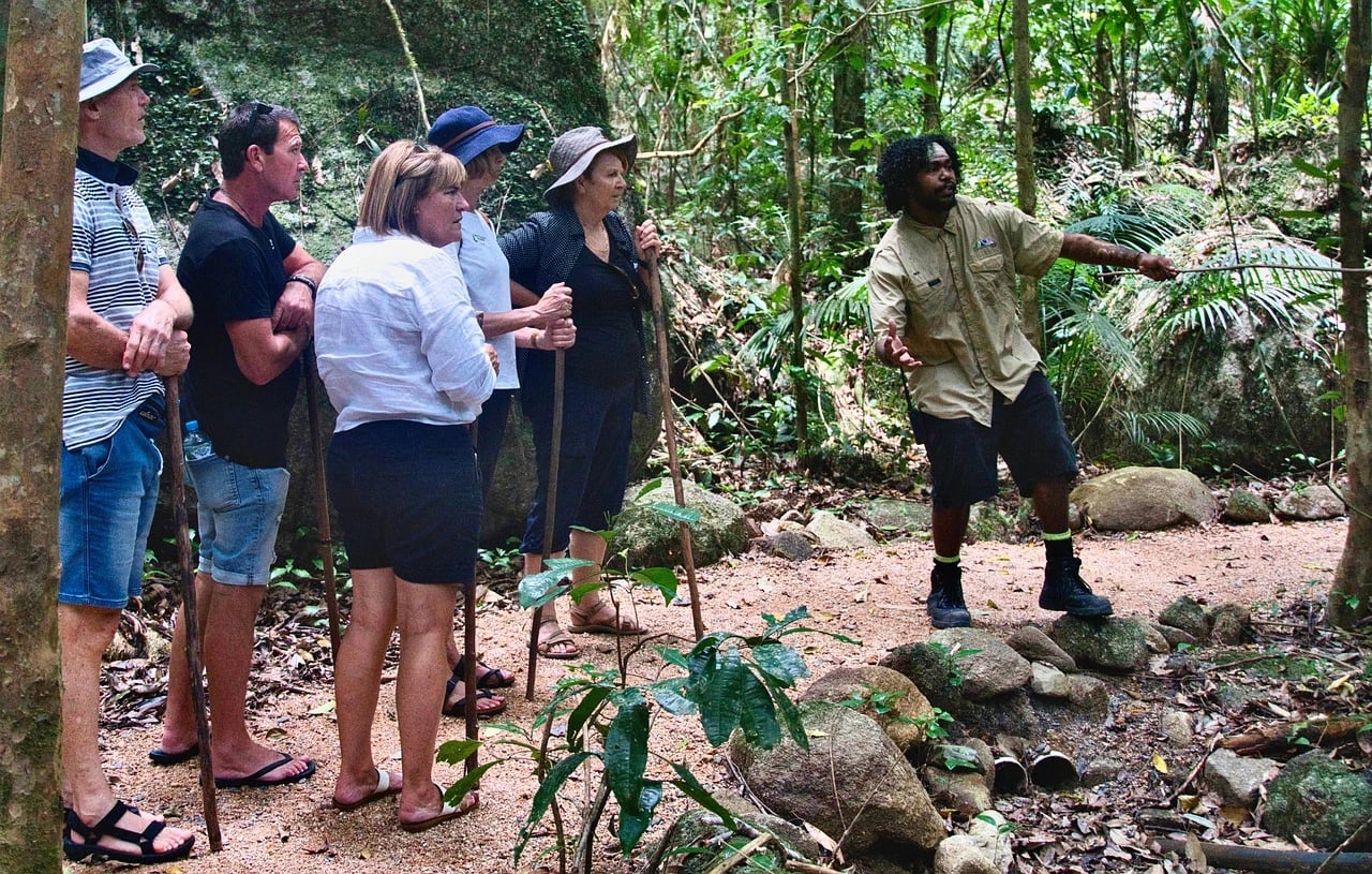 A local guide points into the rainforest while a small group of older tourists with walking sticks listens