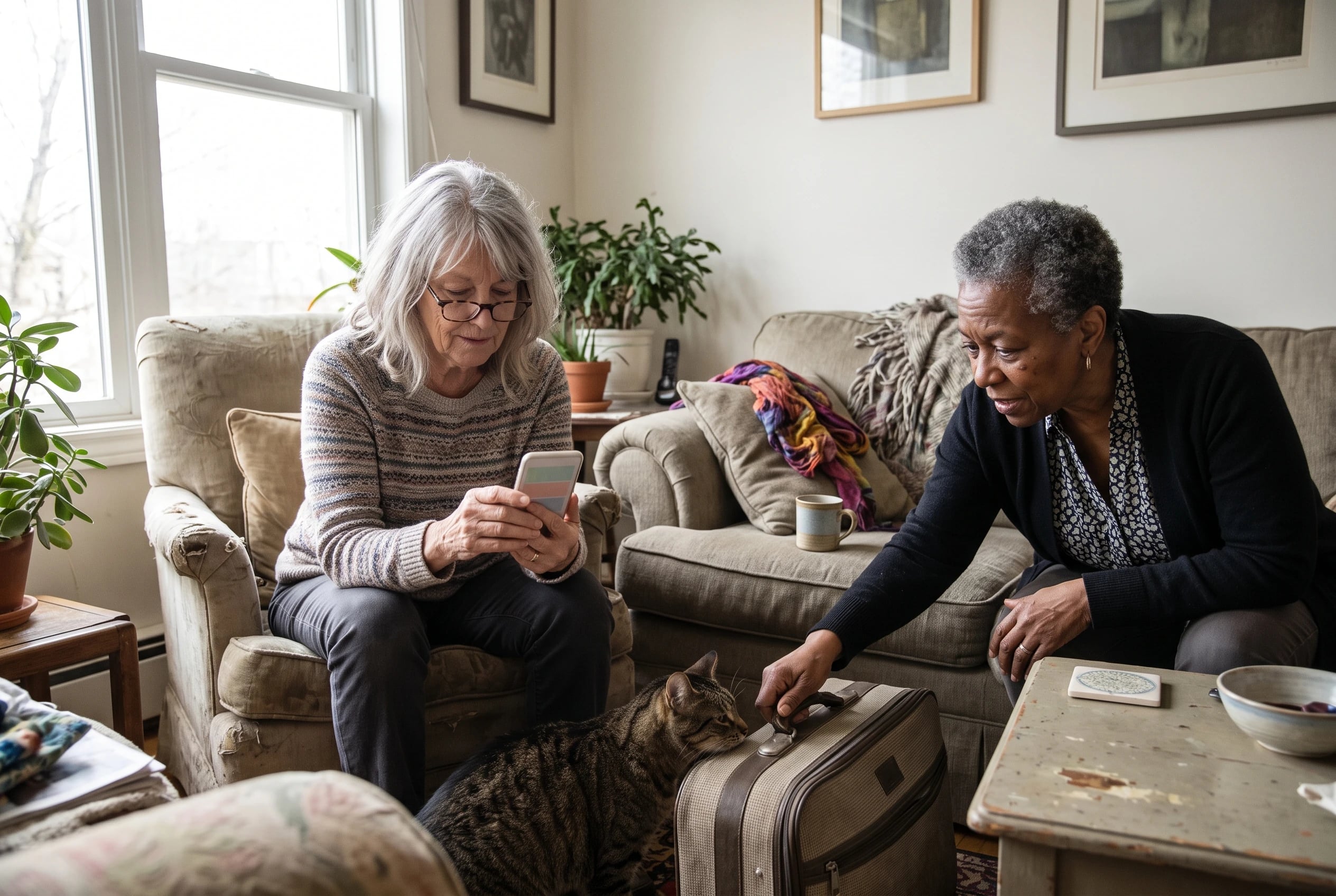 An older woman checking a tour's room price on her phone while sitting on her living room sofa.