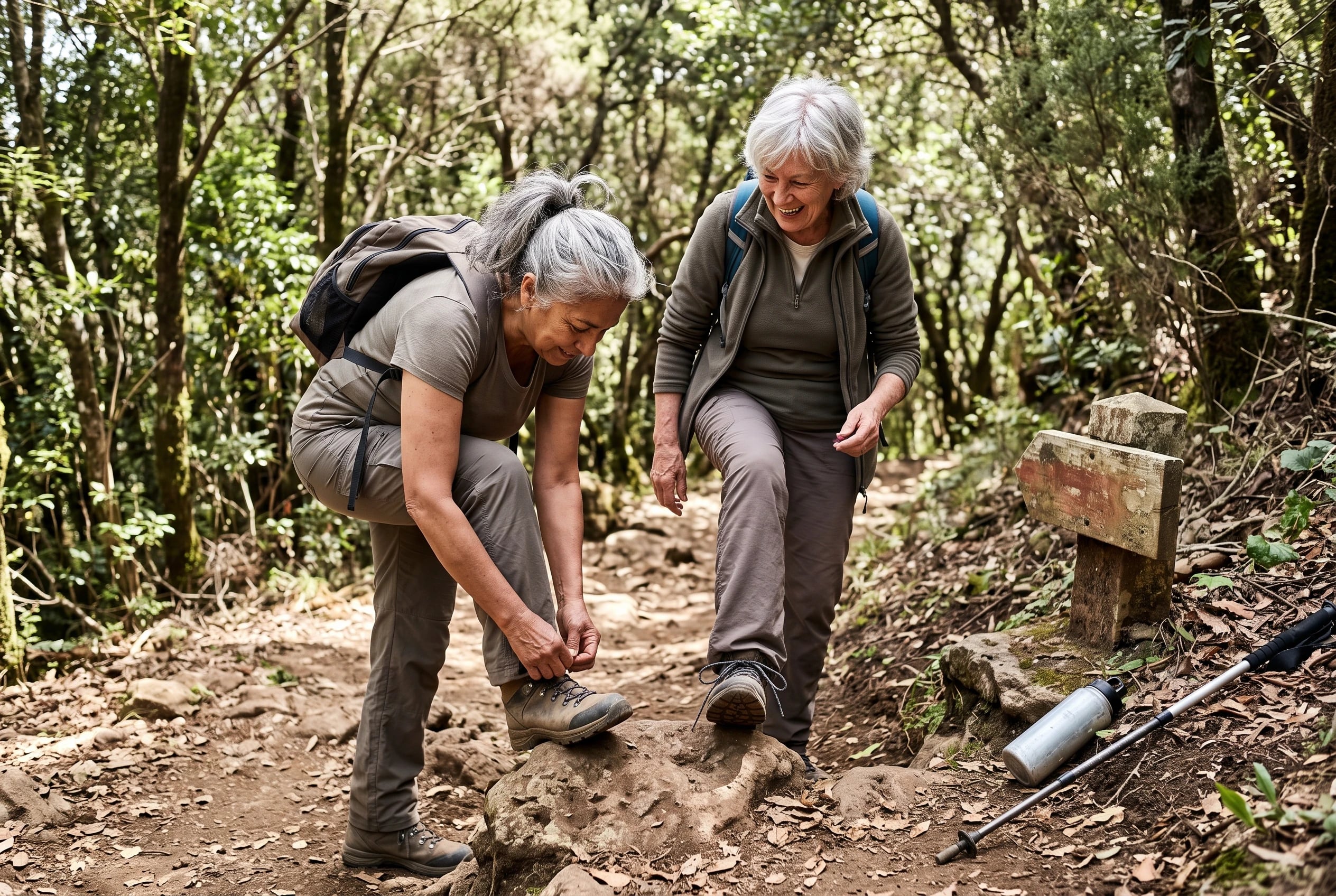 An older woman tightening her hiking boot on a trail in Madeira.
