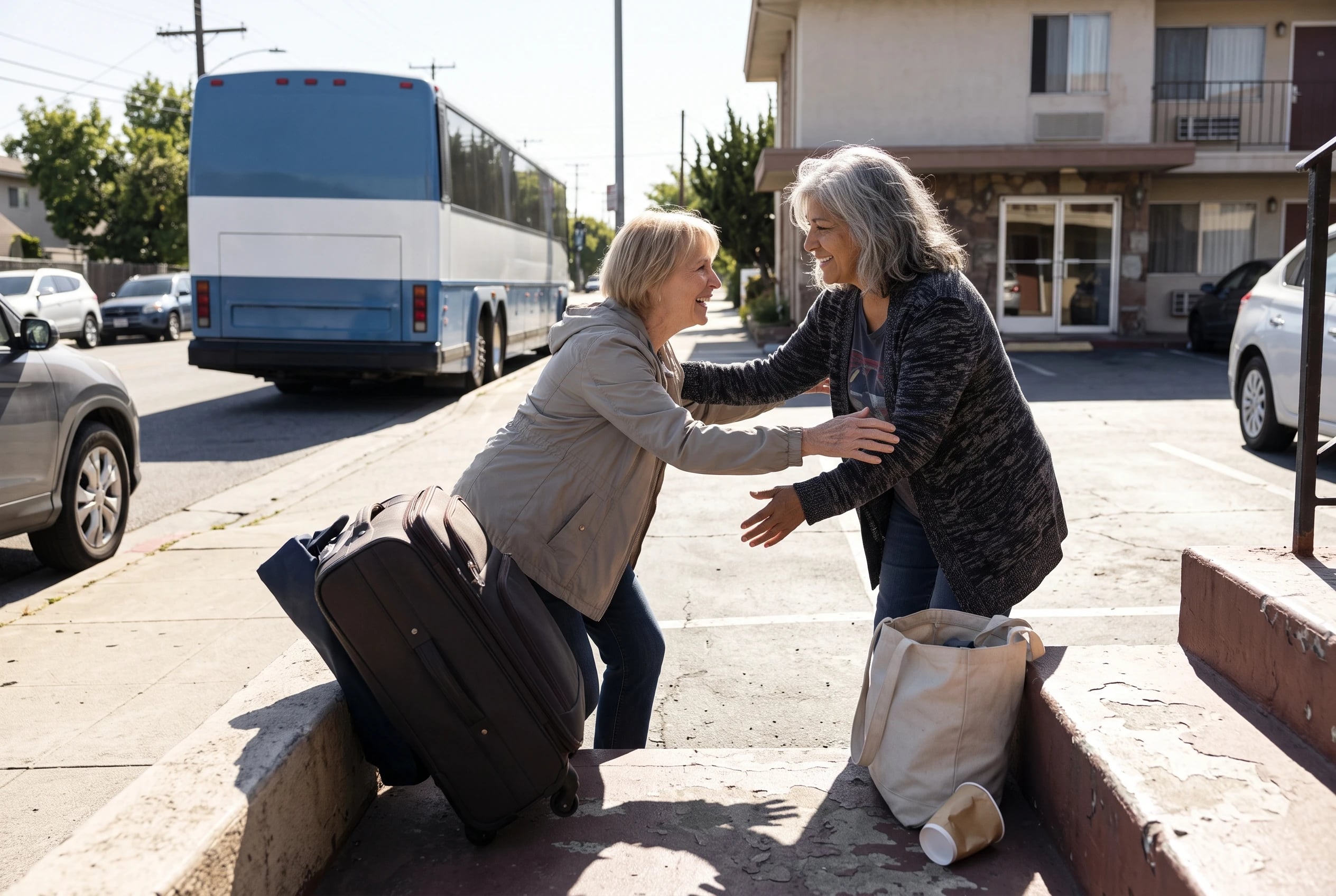A woman in her sixties greeting fellow travelers beside a tour bus outside a hotel.