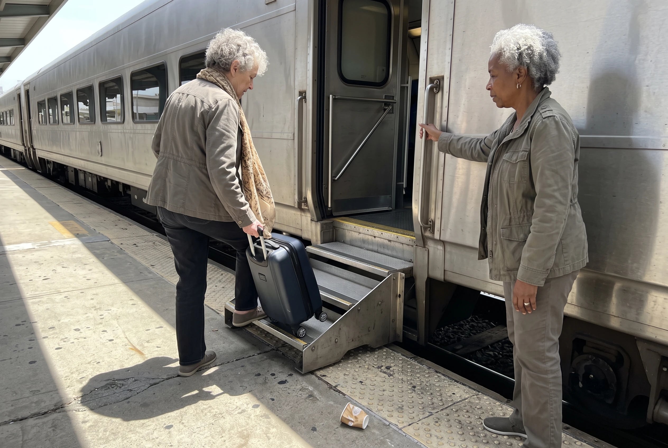 An older woman boarding an Amtrak train with a small suitcase at a station.