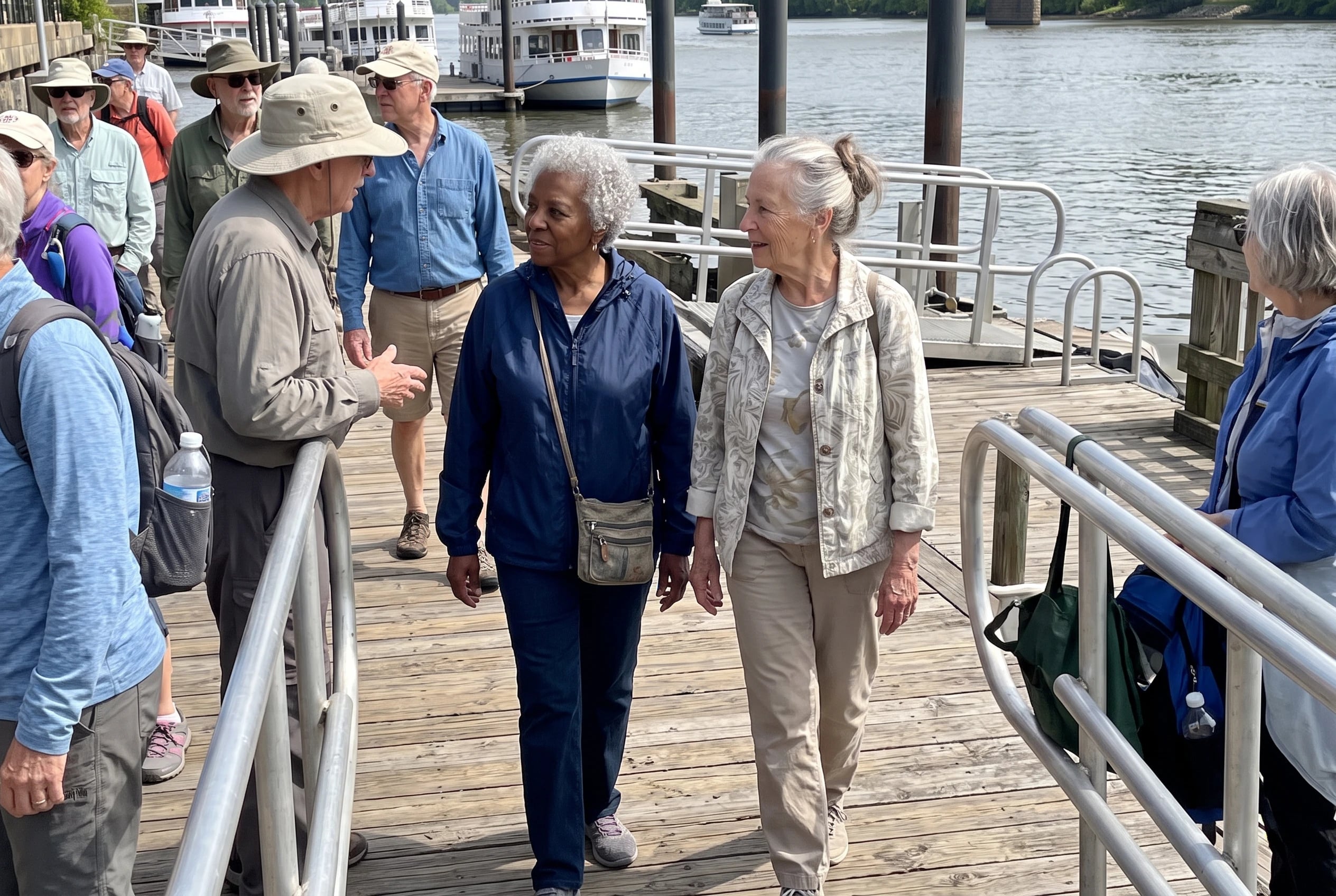 An older woman joining a slower-paced walking group on a river cruise dock.