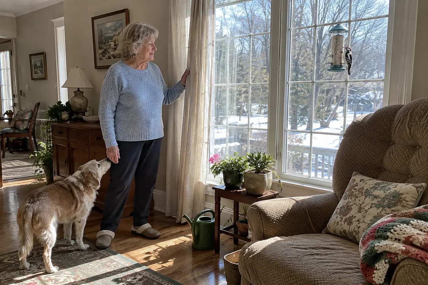A woman in her seventies watches a downy woodpecker on a window feeder.