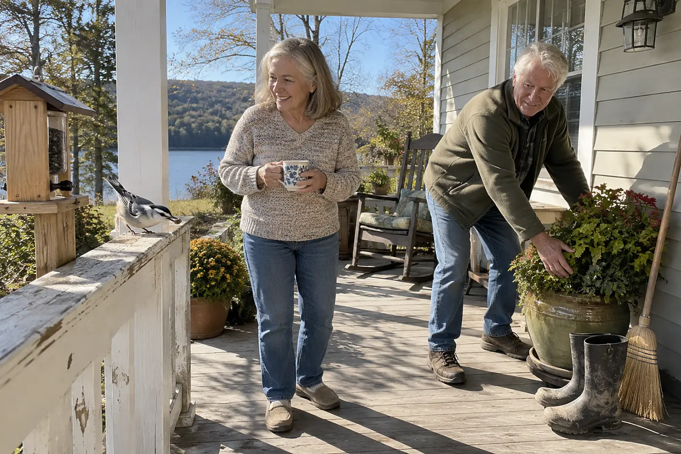 A white-breasted nuthatch carries a seed from a porch feeder while a smiling woman watches.