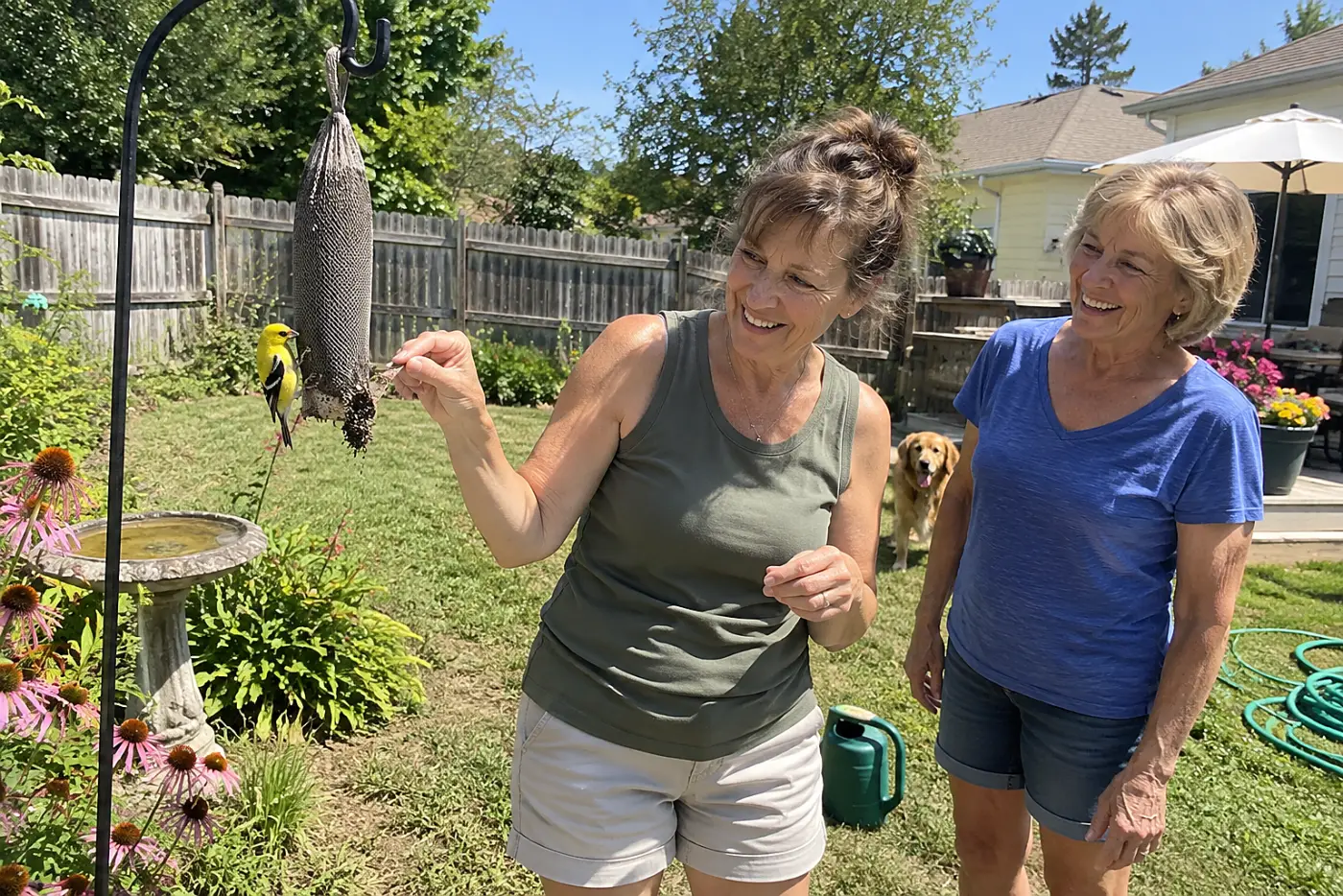 An American goldfinch perches on a thistle sock while a woman in her fifties reaches for it.