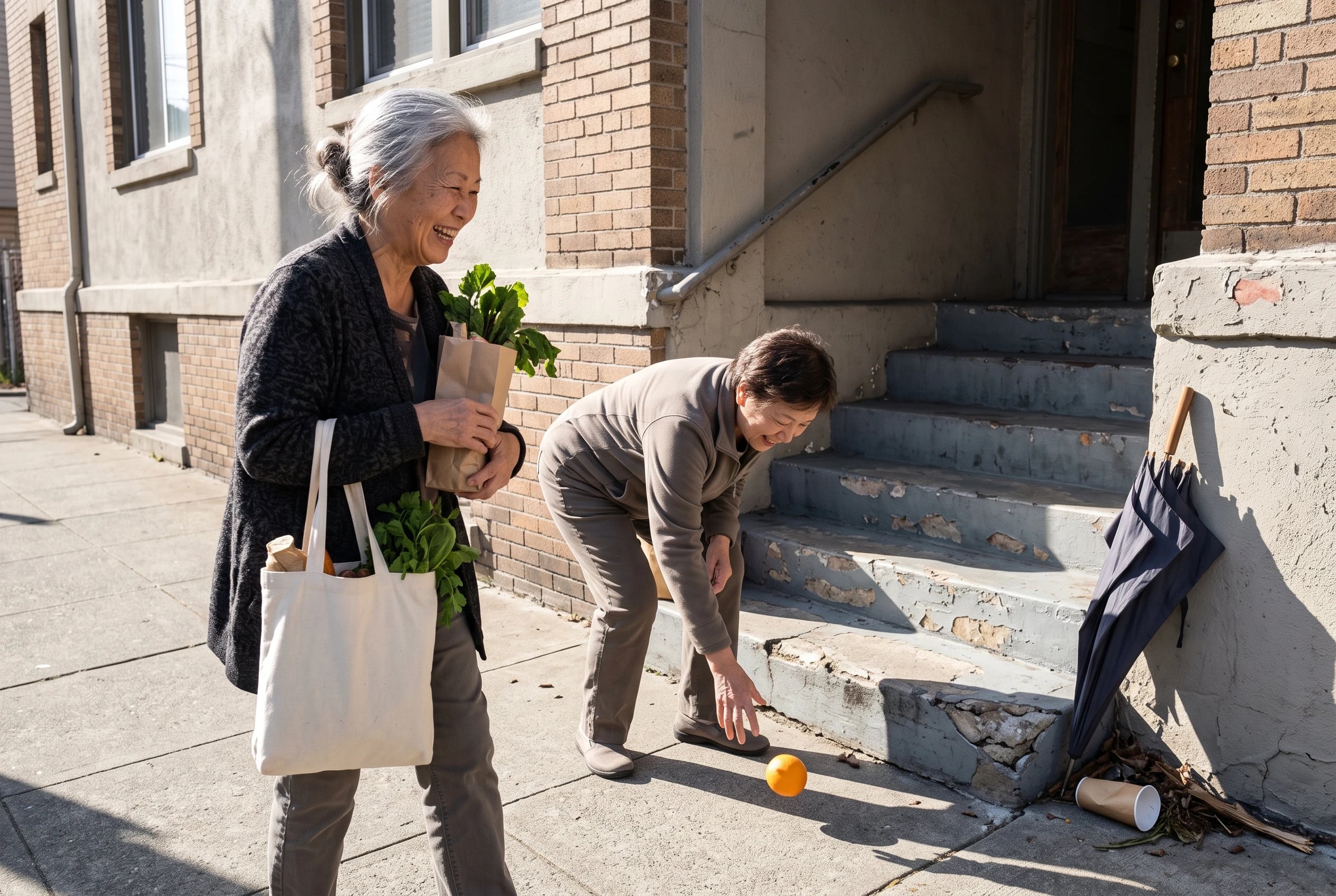 Older woman walks back toward a prospective apartment carrying groceries.