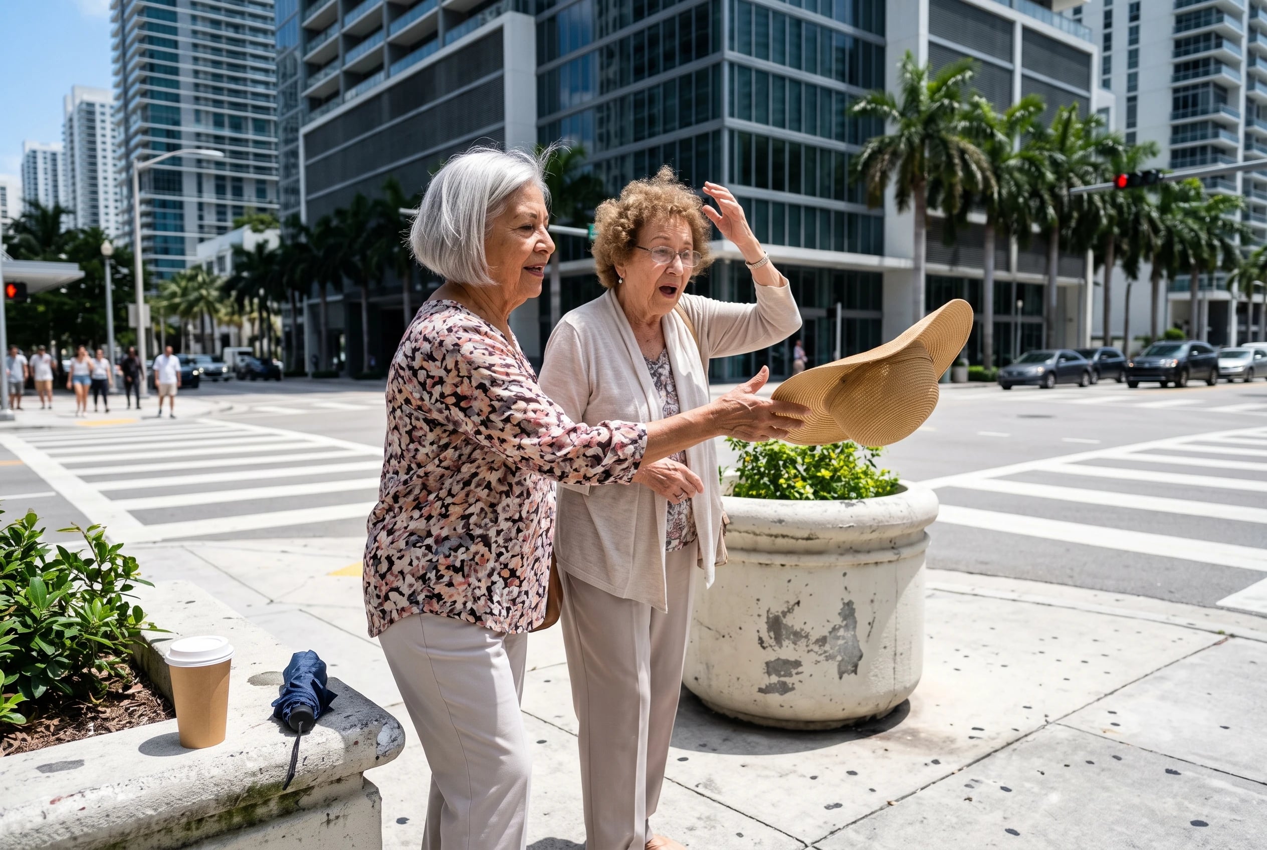 Older woman waits to cross Brickell Avenue with a shopping bag.