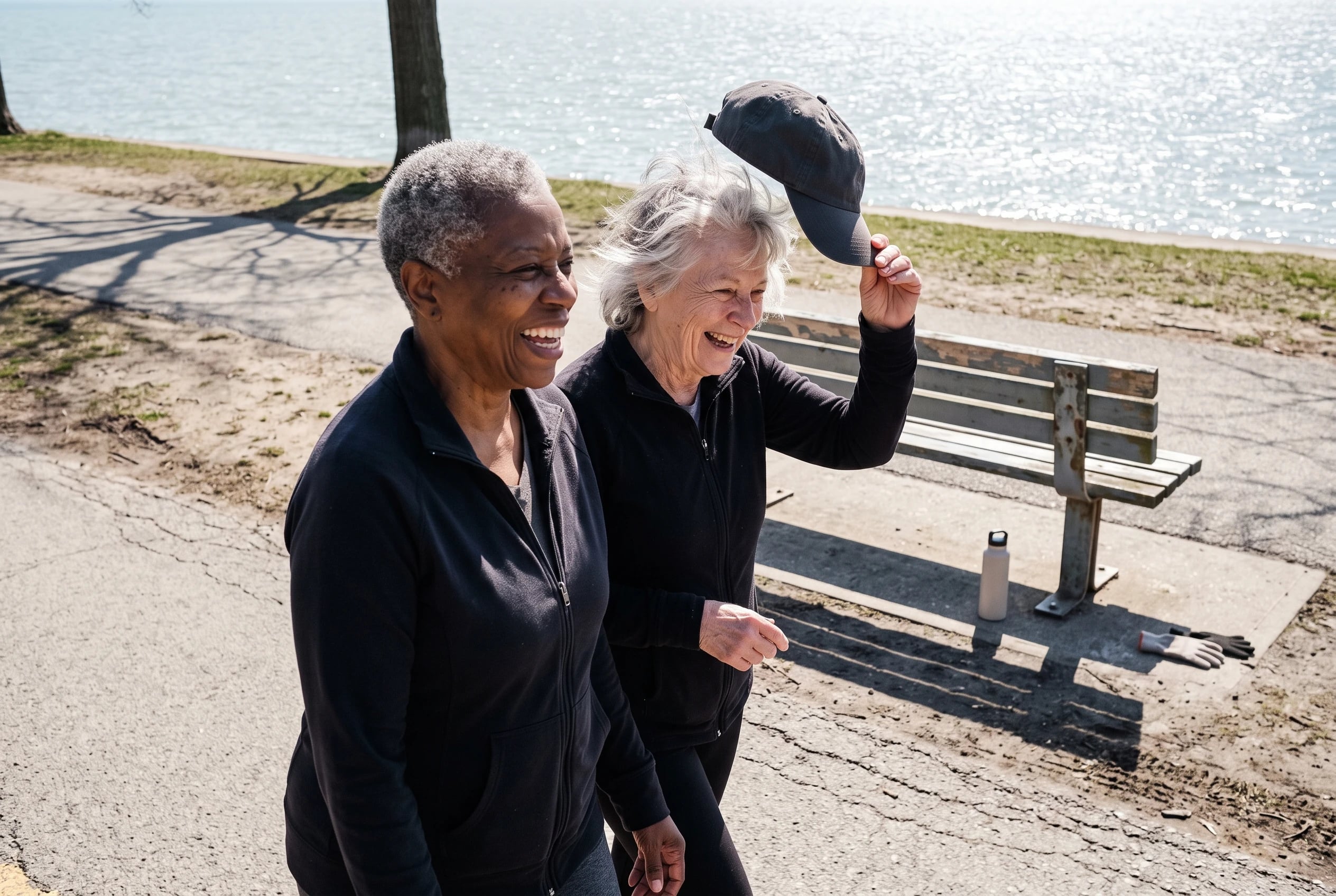 Older woman walks beside a friend on Chicago’s Lakefront Trail.