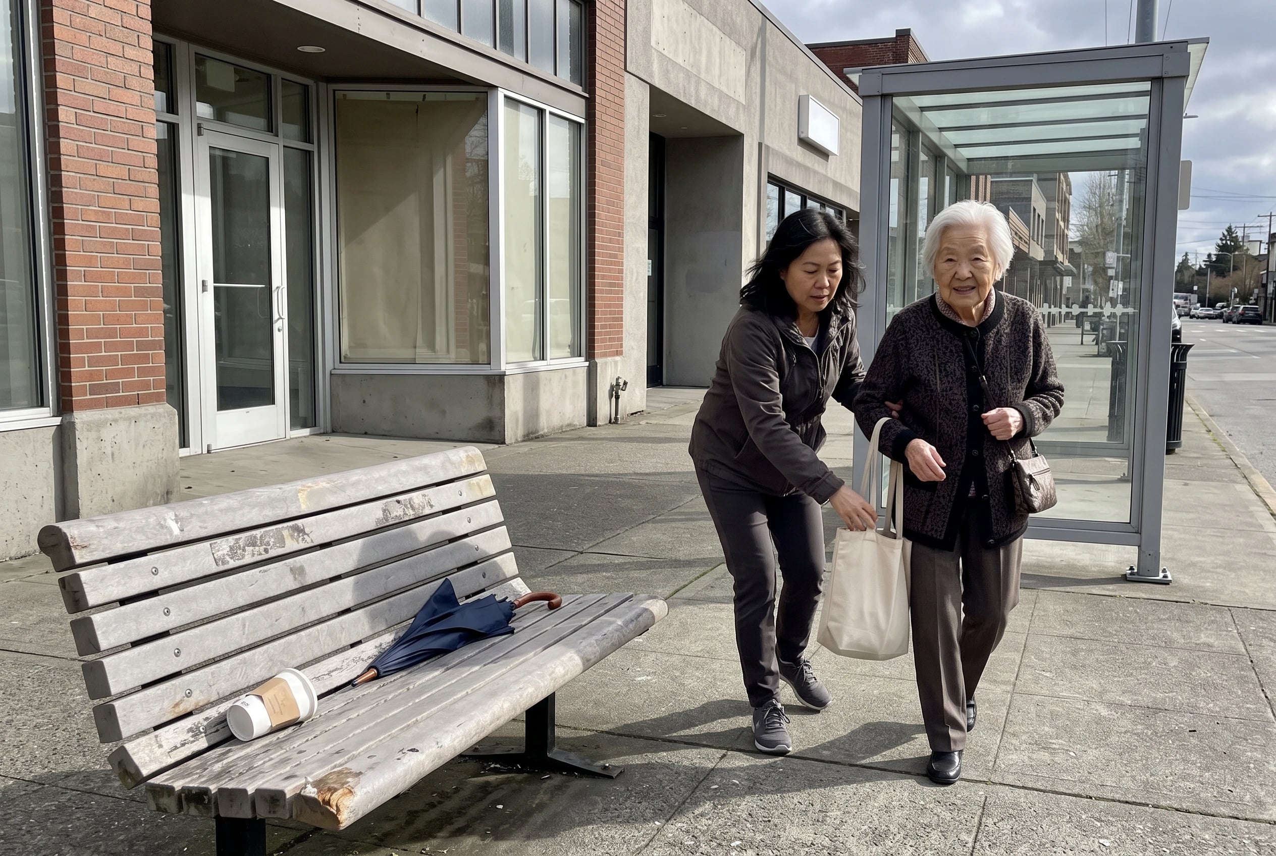 Older woman walks from a Lower Queen Anne store toward a Seattle bus stop.