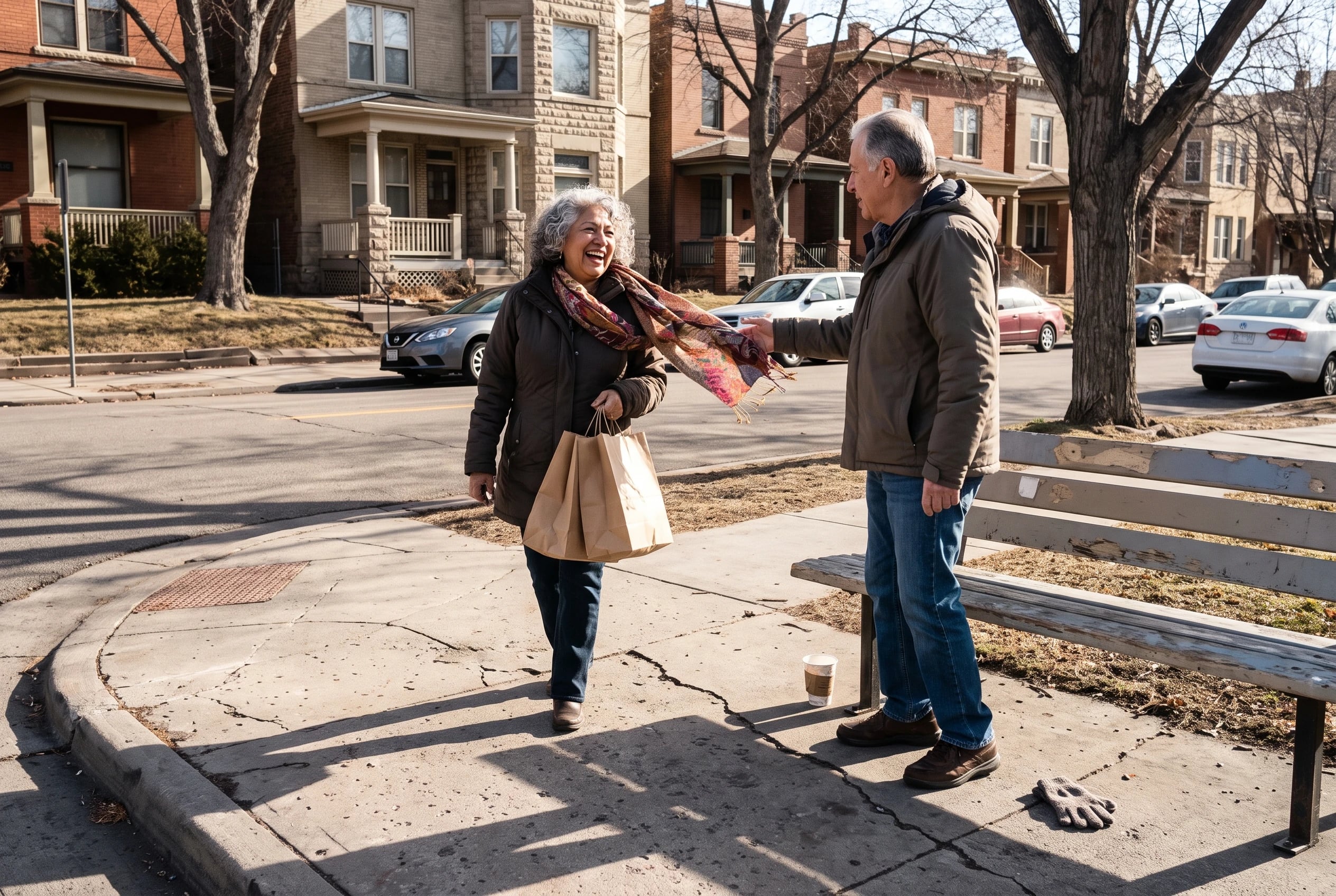 Older woman approaches a bus stop after shopping in Denver’s Capitol Hill.
