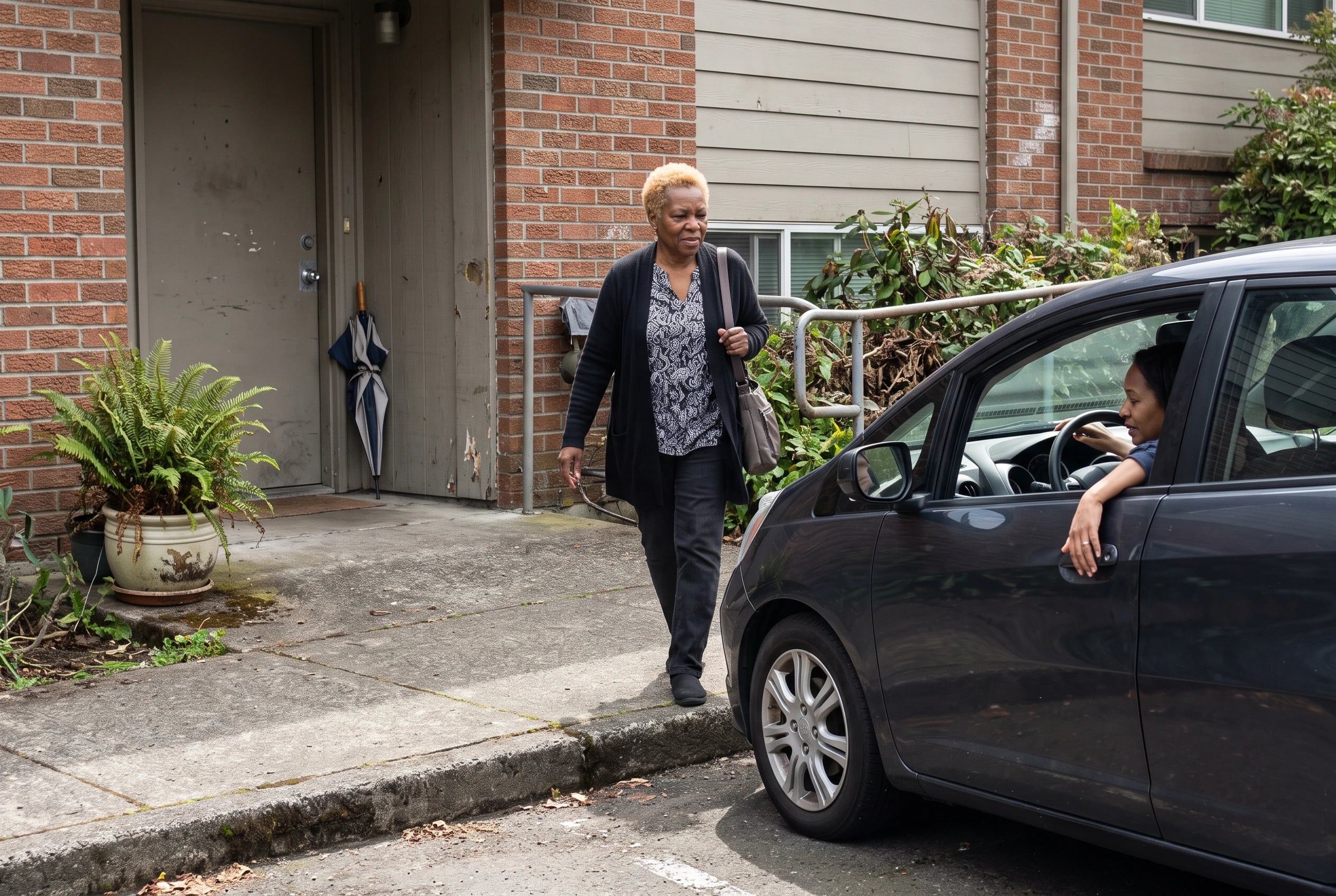 Older woman boards a booked ride outside a Portland apartment building.