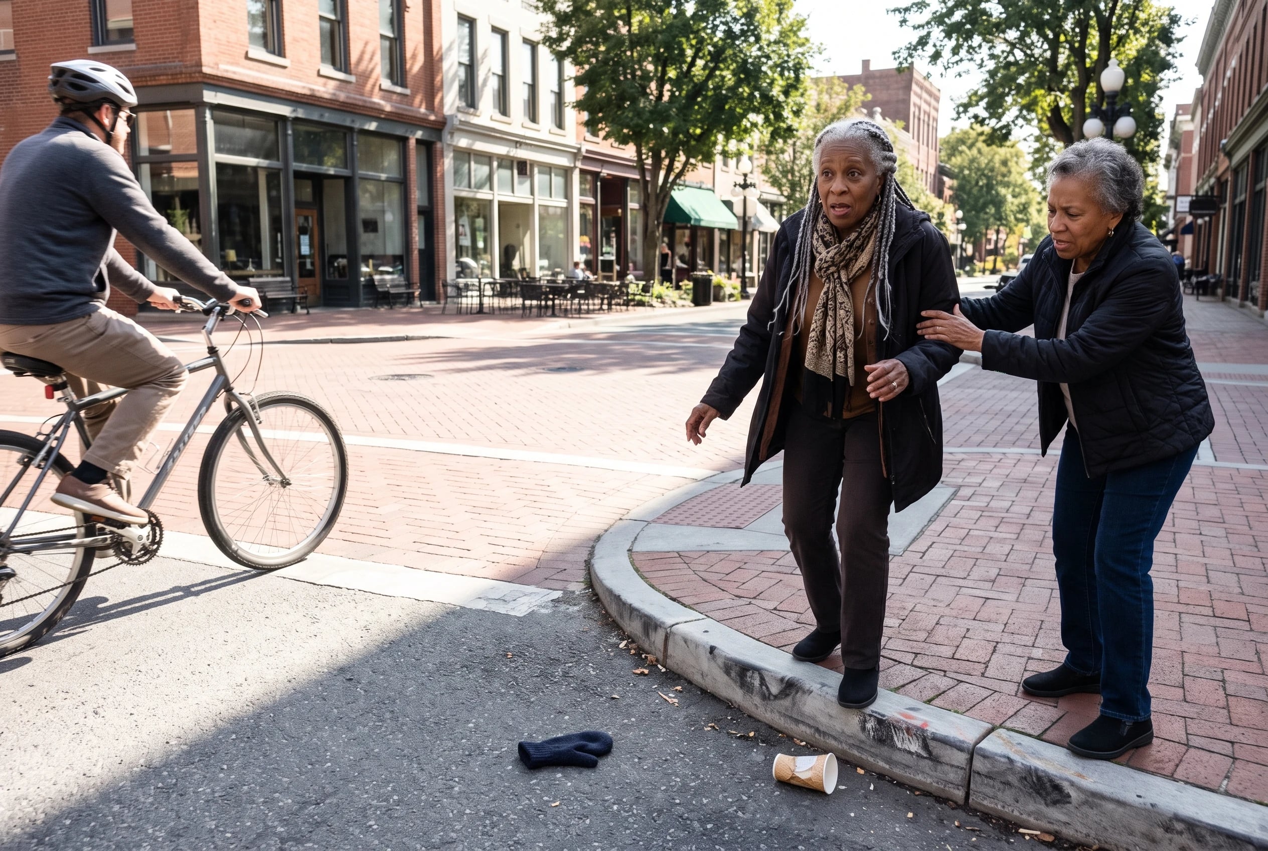 Older woman crosses an intersection on her way to Charlottesville’s Downtown Mall.
