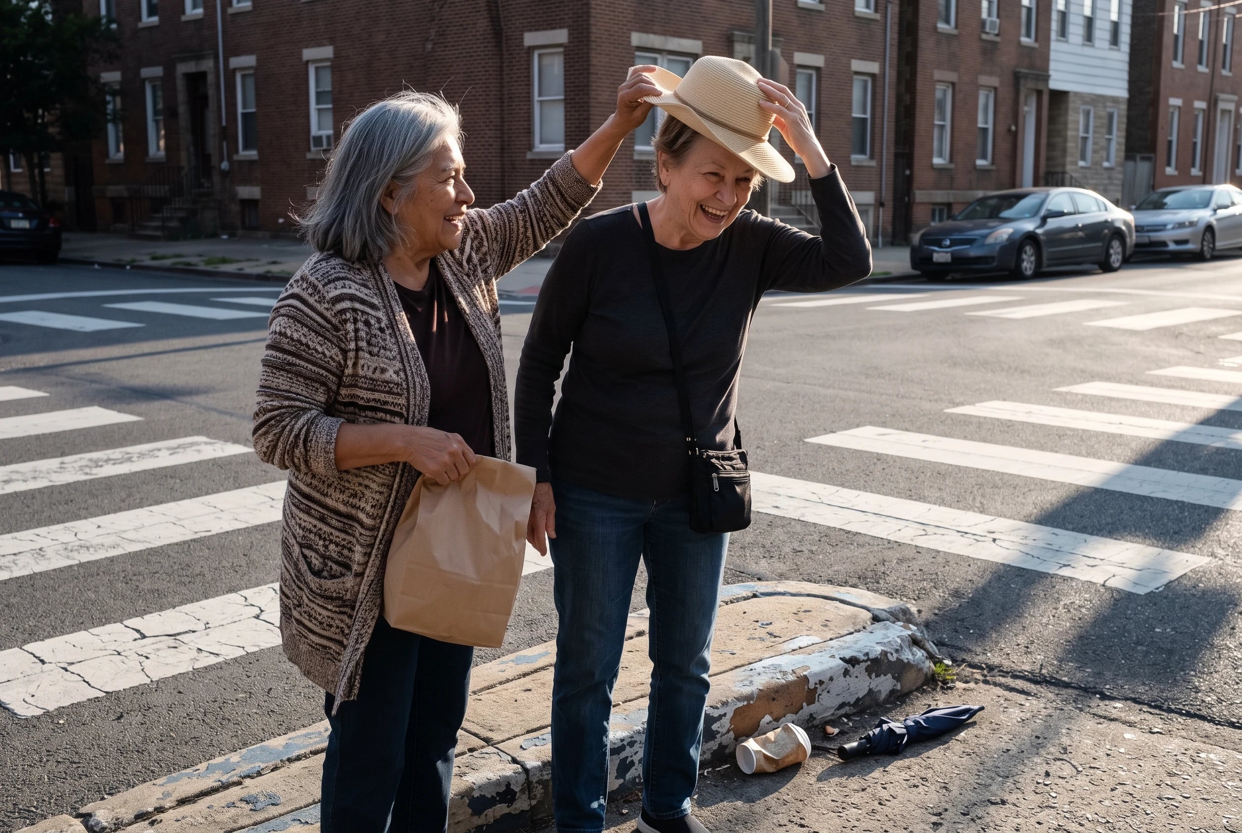 Older woman waits at a marked crossing with a pharmacy bag.