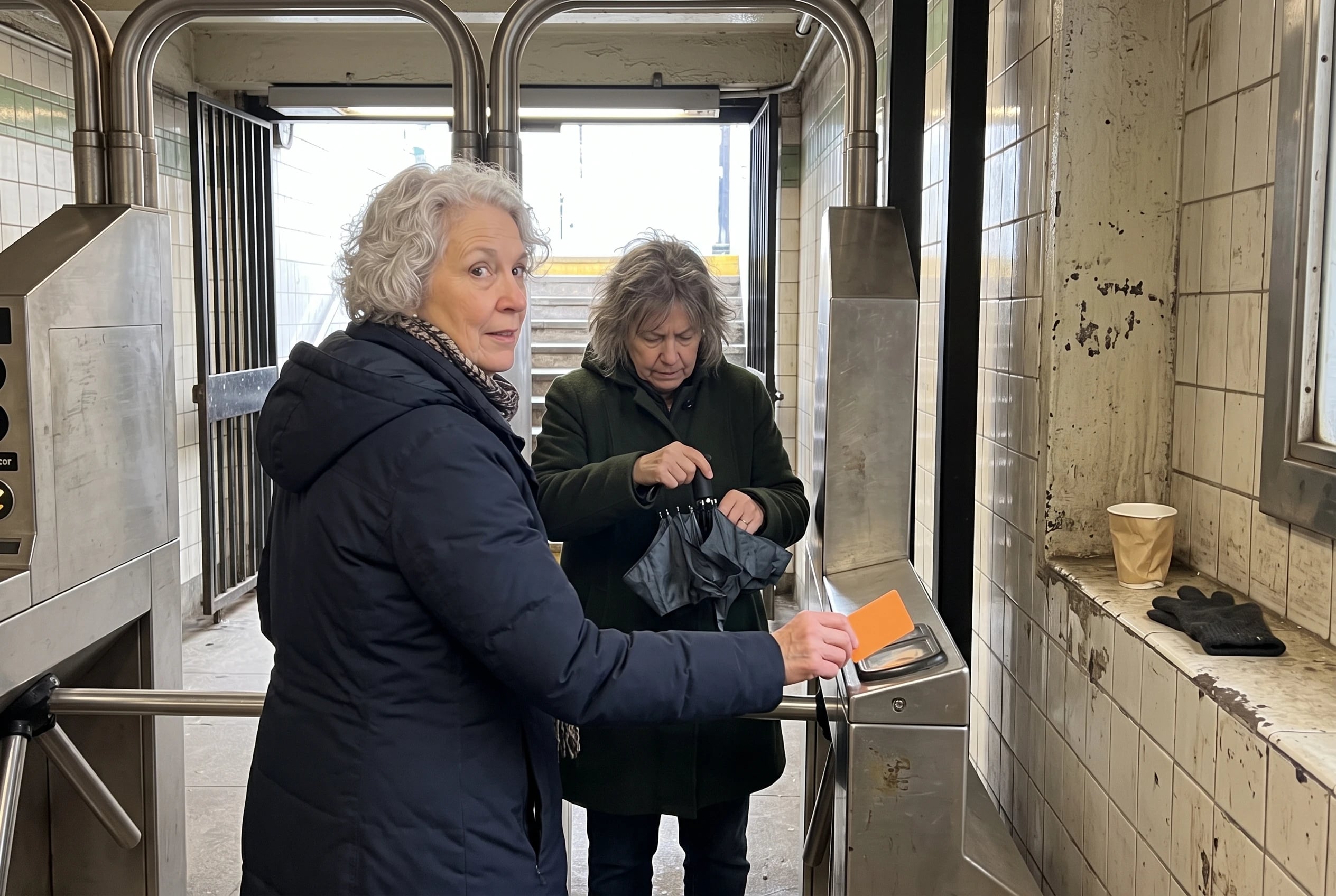 Older woman taps a transit card at a subway gate in New York City.