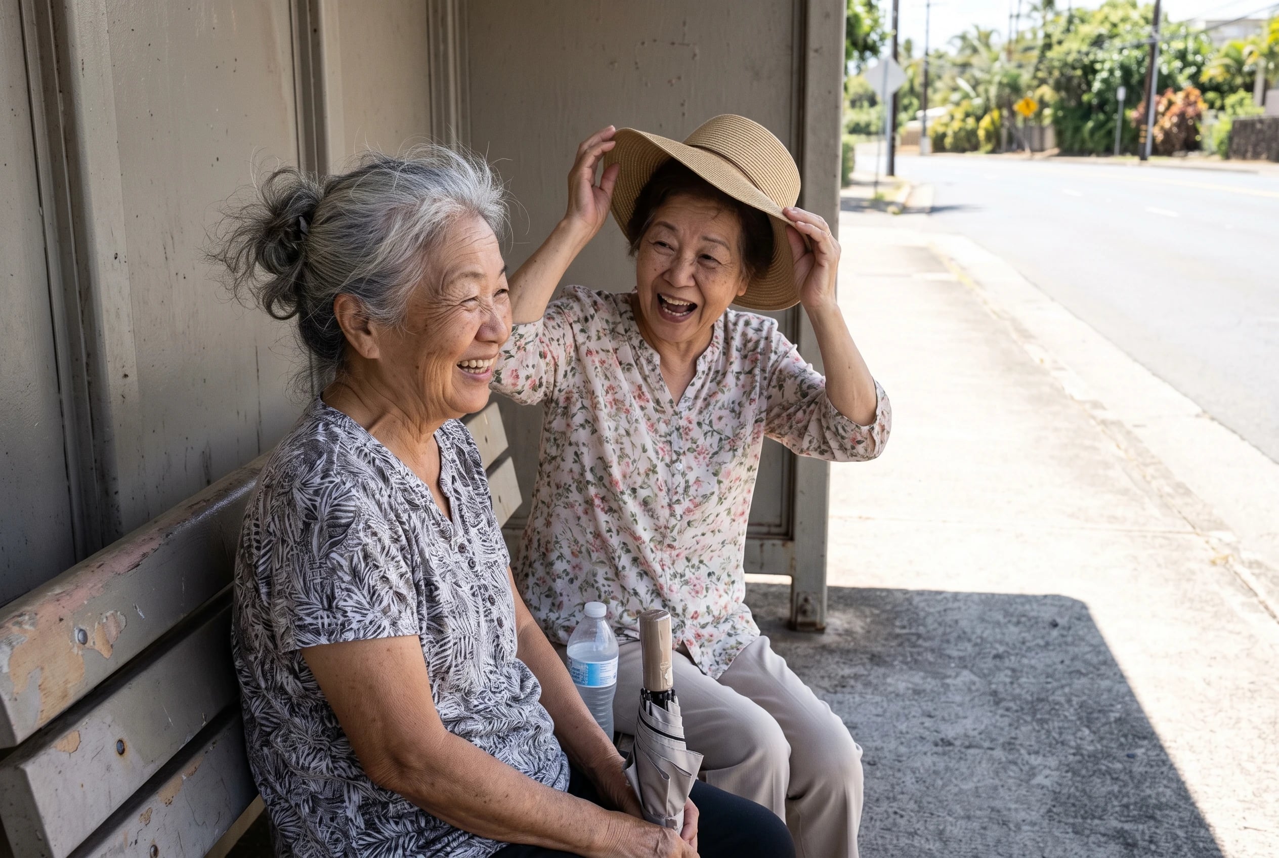 Older woman waits in the shade at a Honolulu bus stop.