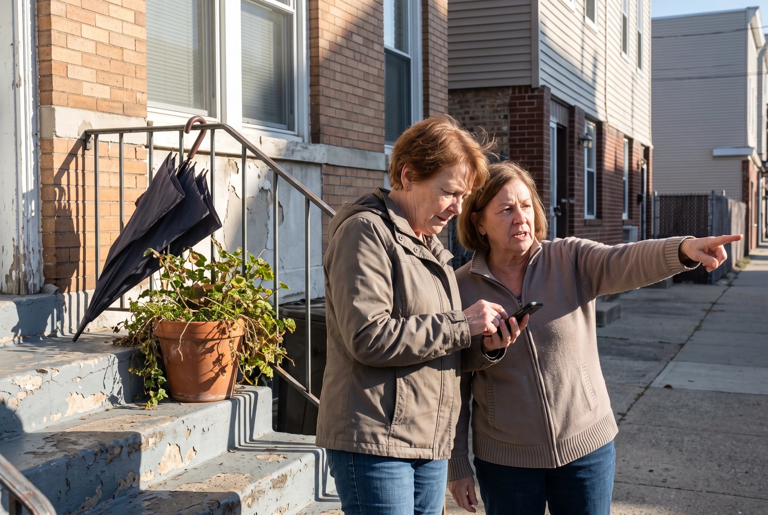 Older woman looks up a walking route on her phone outside an apartment building.