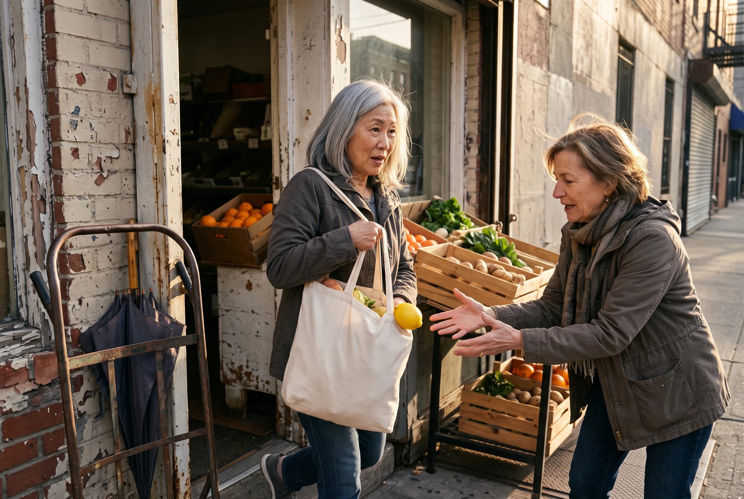 Older woman leaves a North Beach grocery store carrying a cloth bag.