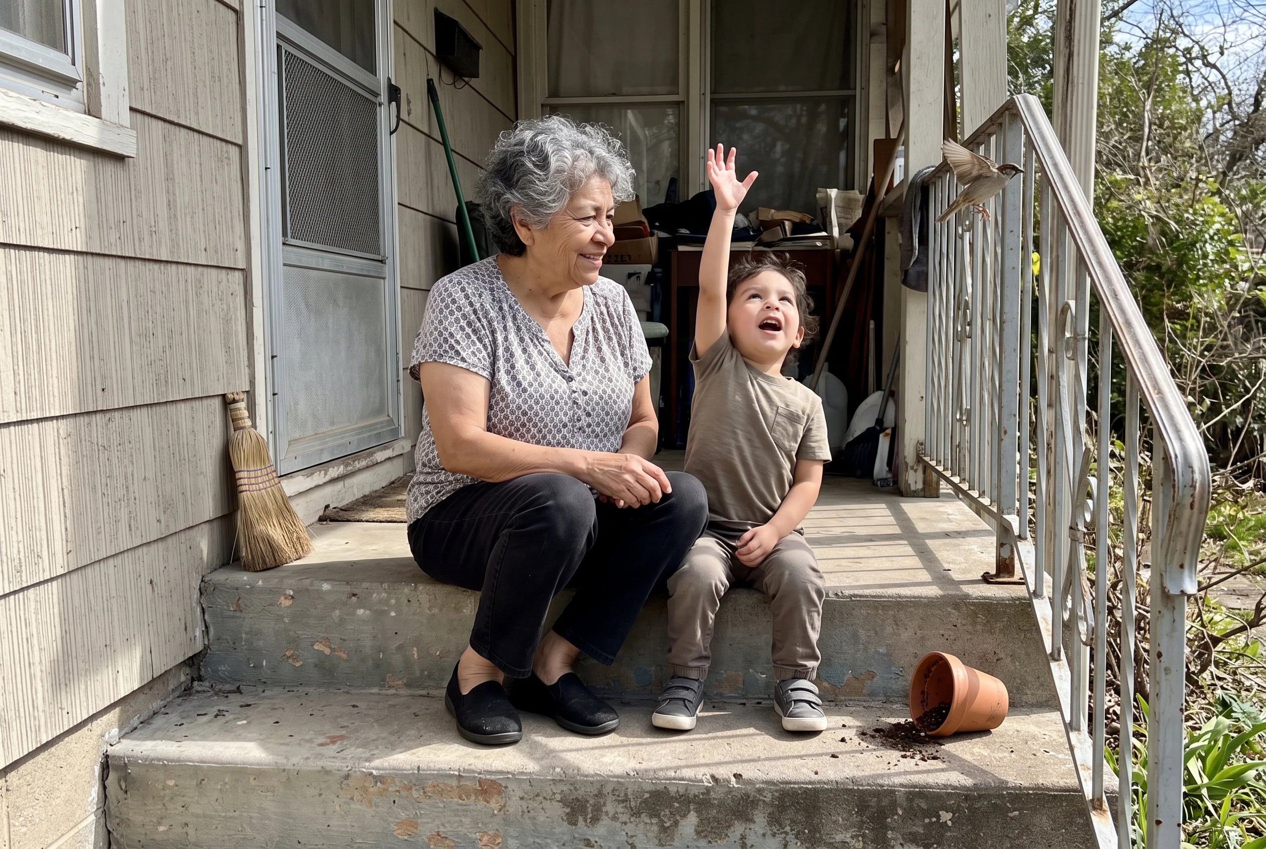 A grandmother and grandchild watch birds from the front step of her house.