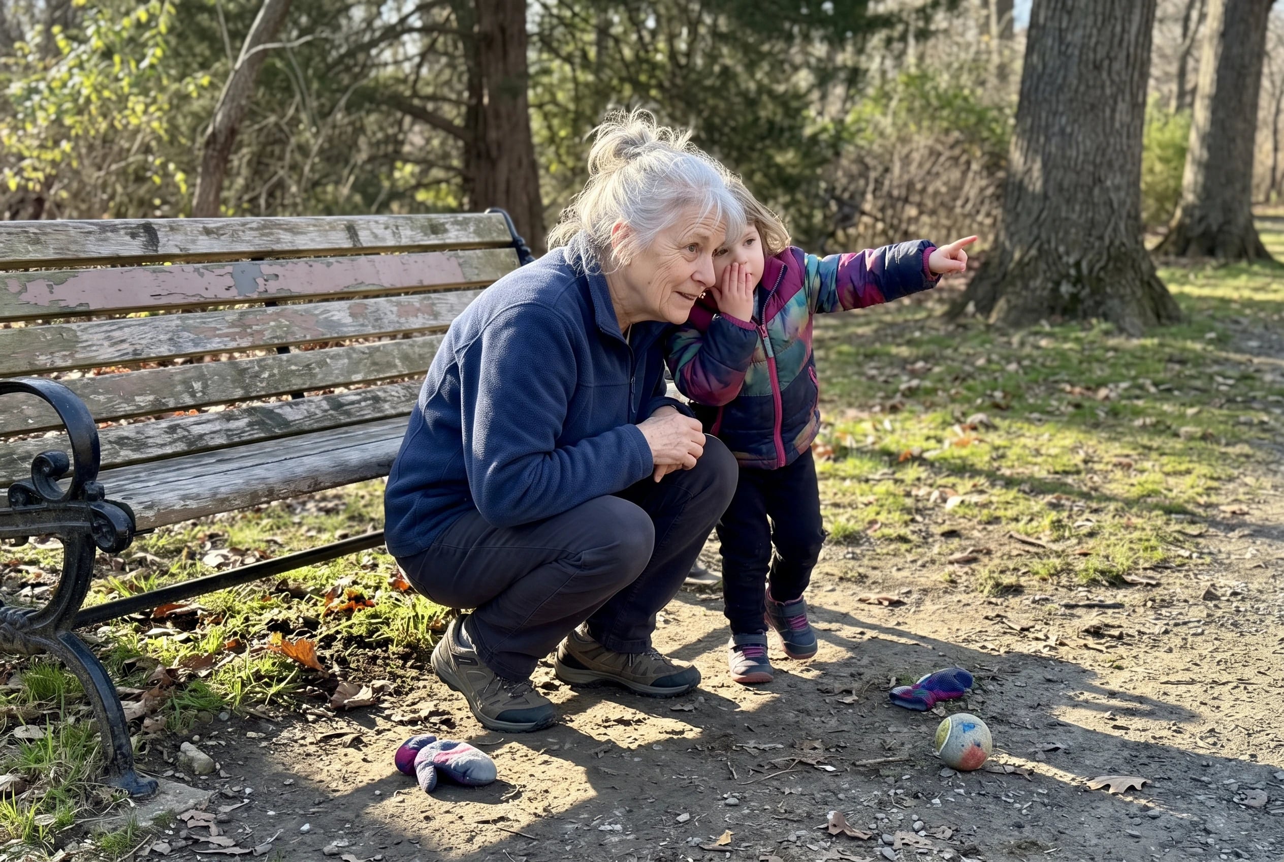 A grandmother crouches to listen to a child beside a park bench.