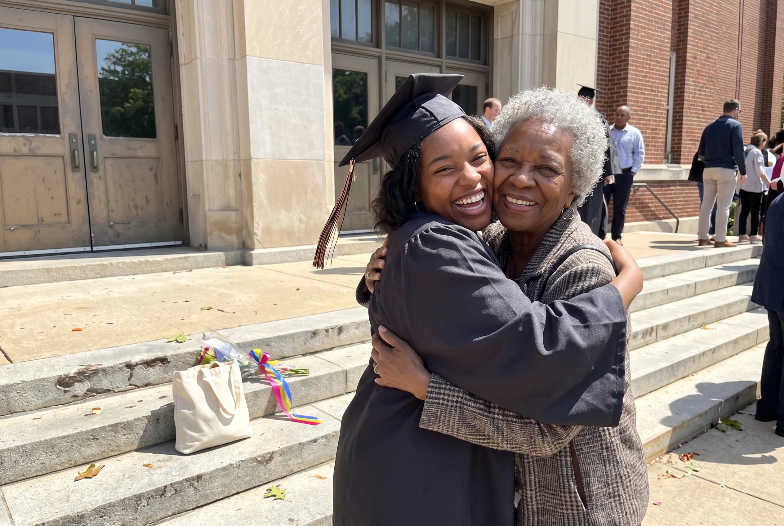 A graduate hugs a grandmother outside a university auditorium.