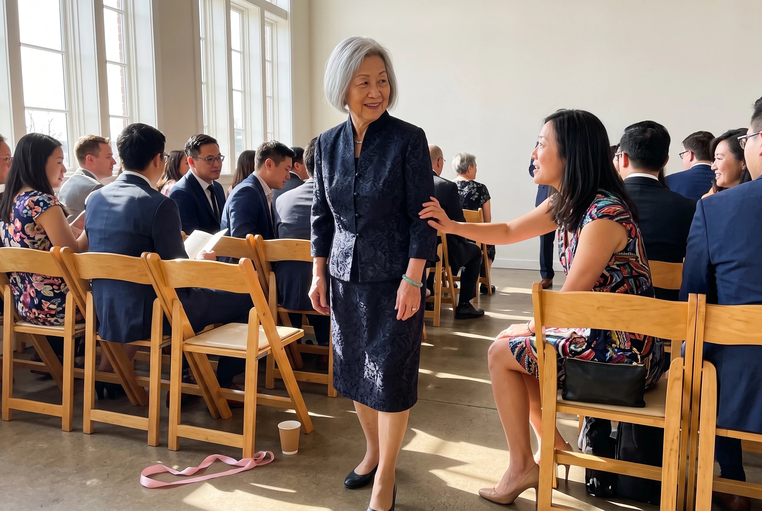 A grandmother walks toward her seat beside the aisle of a wedding venue.