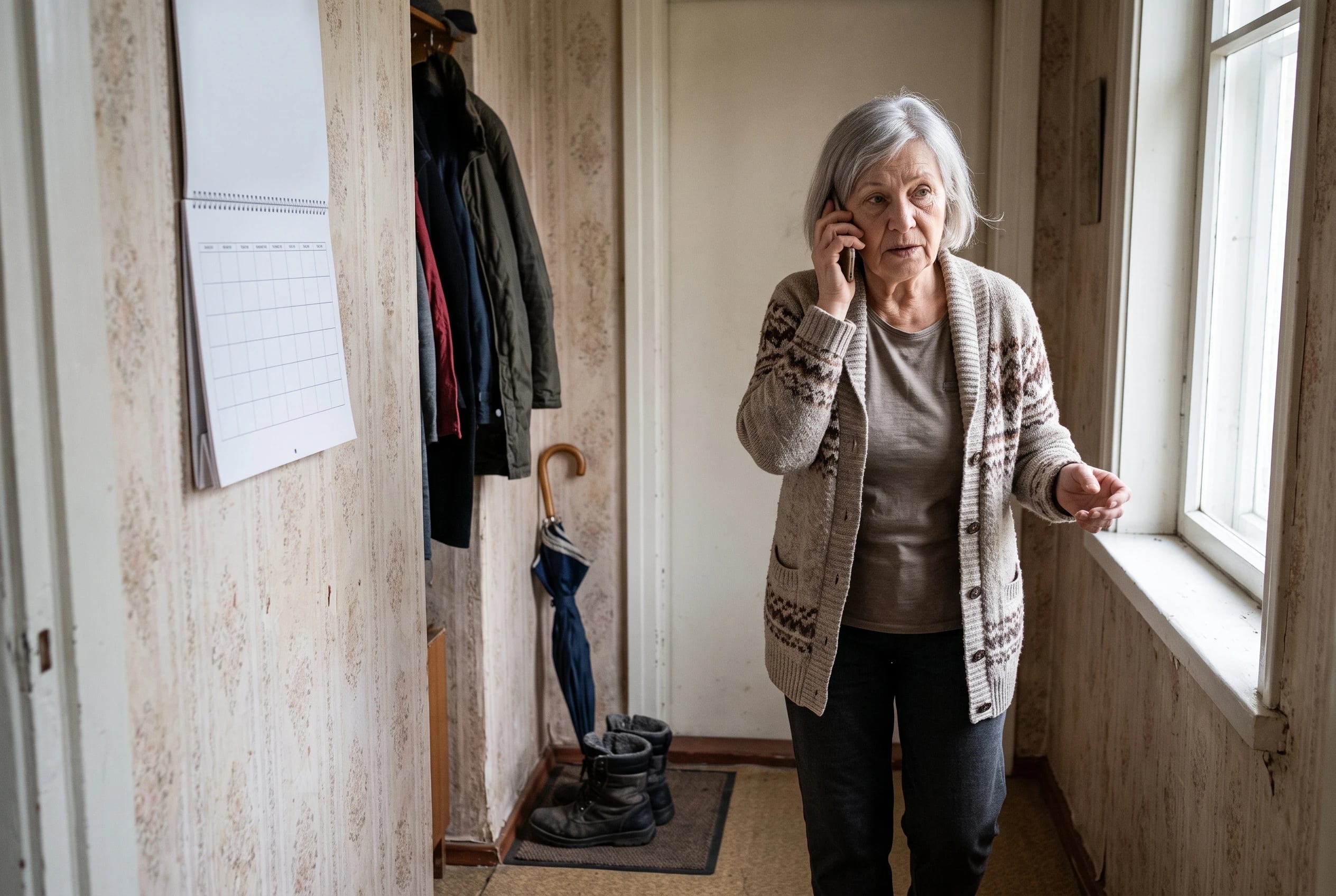 A grandmother speaks on the phone beside a calendar hanging in her hallway.