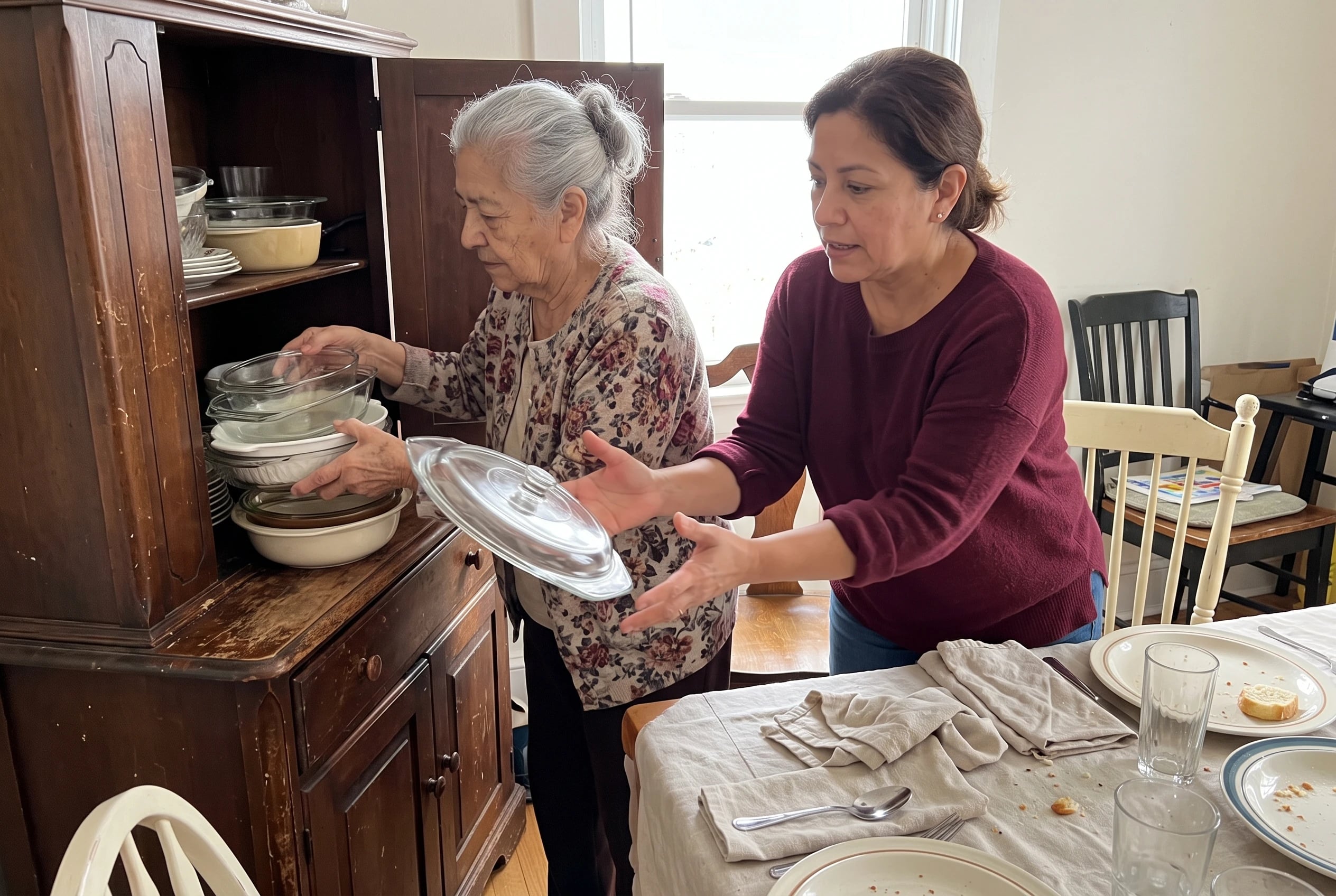 An older woman puts serving dishes away in her dining room after a holiday gathering.