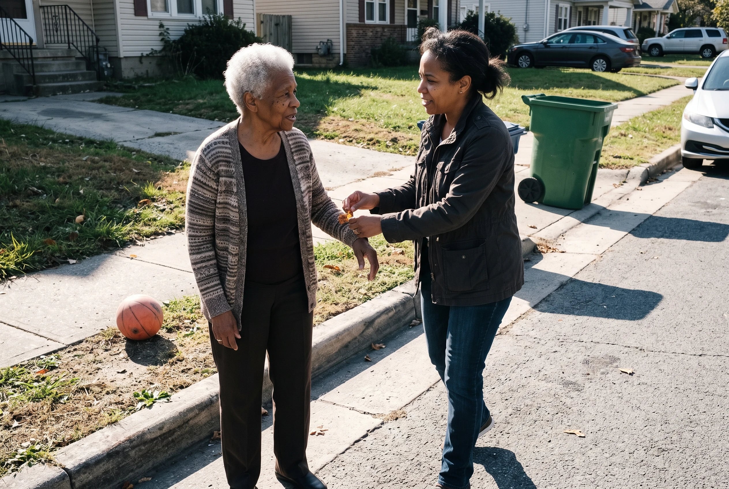A woman talks with her adult daughter during a walk on a neighborhood sidewalk.