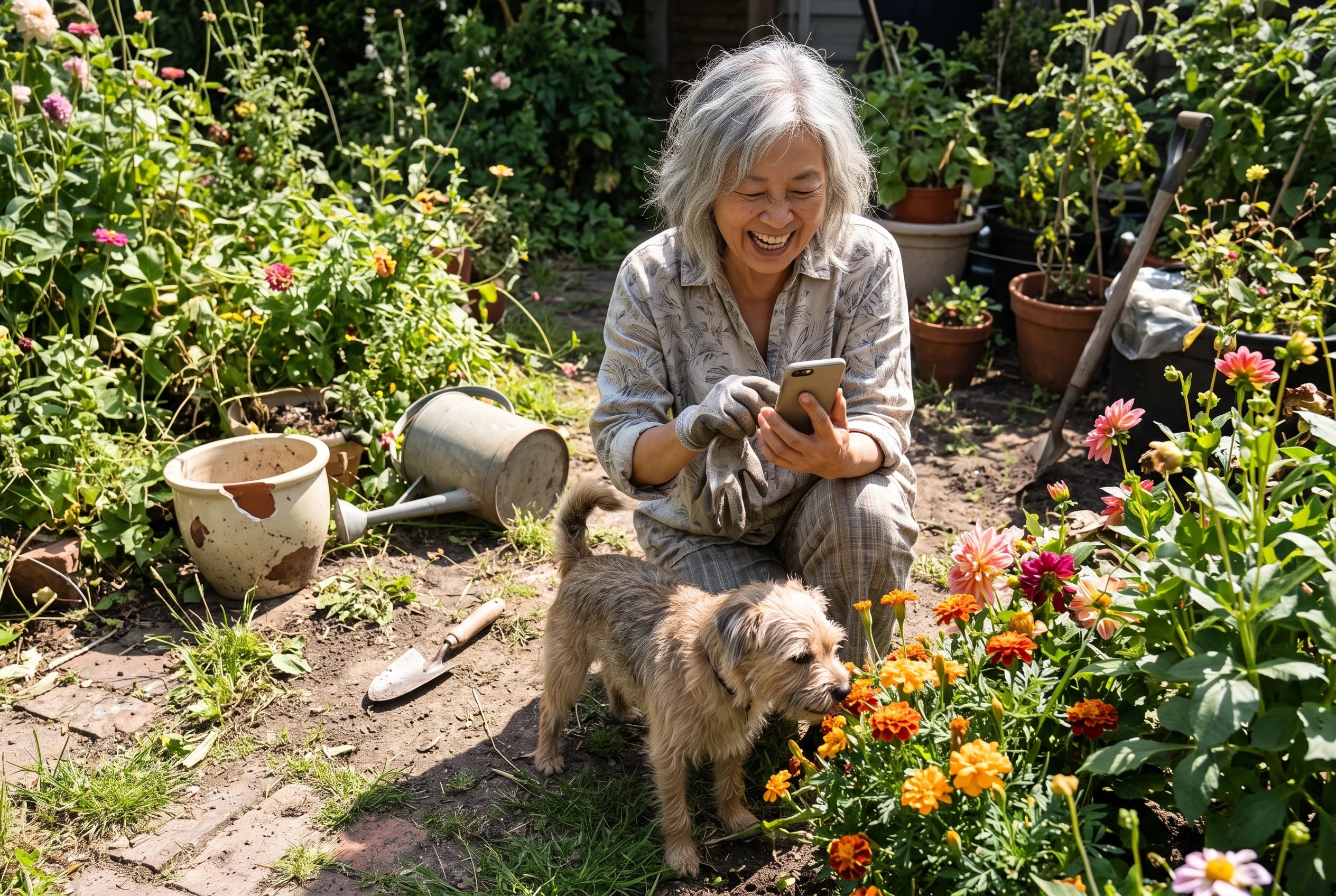 An older woman sends a photo from her phone while standing beside flowers in her garden.
