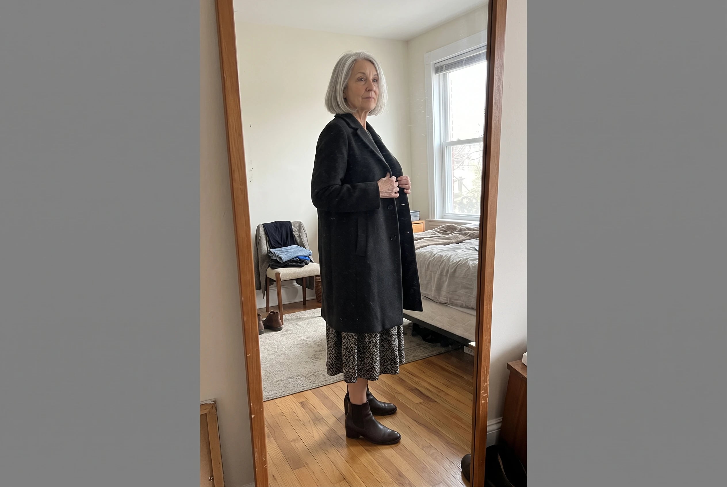 A full-length mirror fills the center of a bedroom scene, reflecting a woman in her sixties as she turns to check her coat, skirt hem, and boots, with no writing visible.