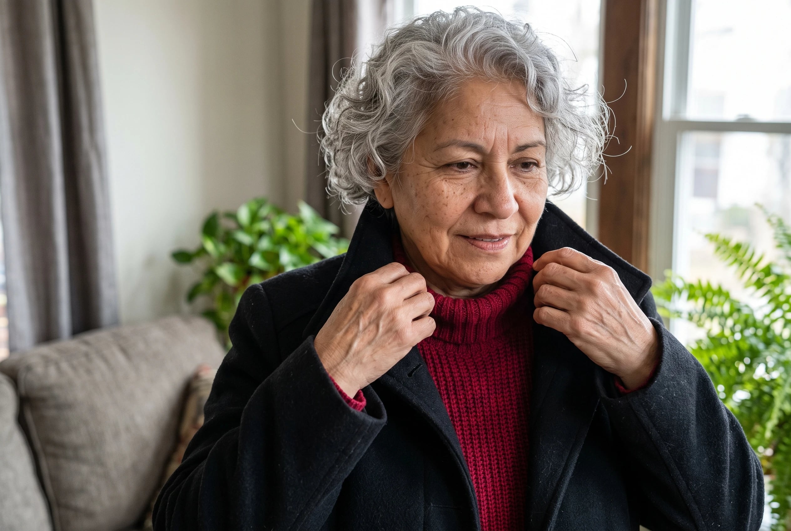 A deep red turtleneck fills the center of the frame as a woman in her sixties adjusts a black coat by a bright living room window, with no writing visible.