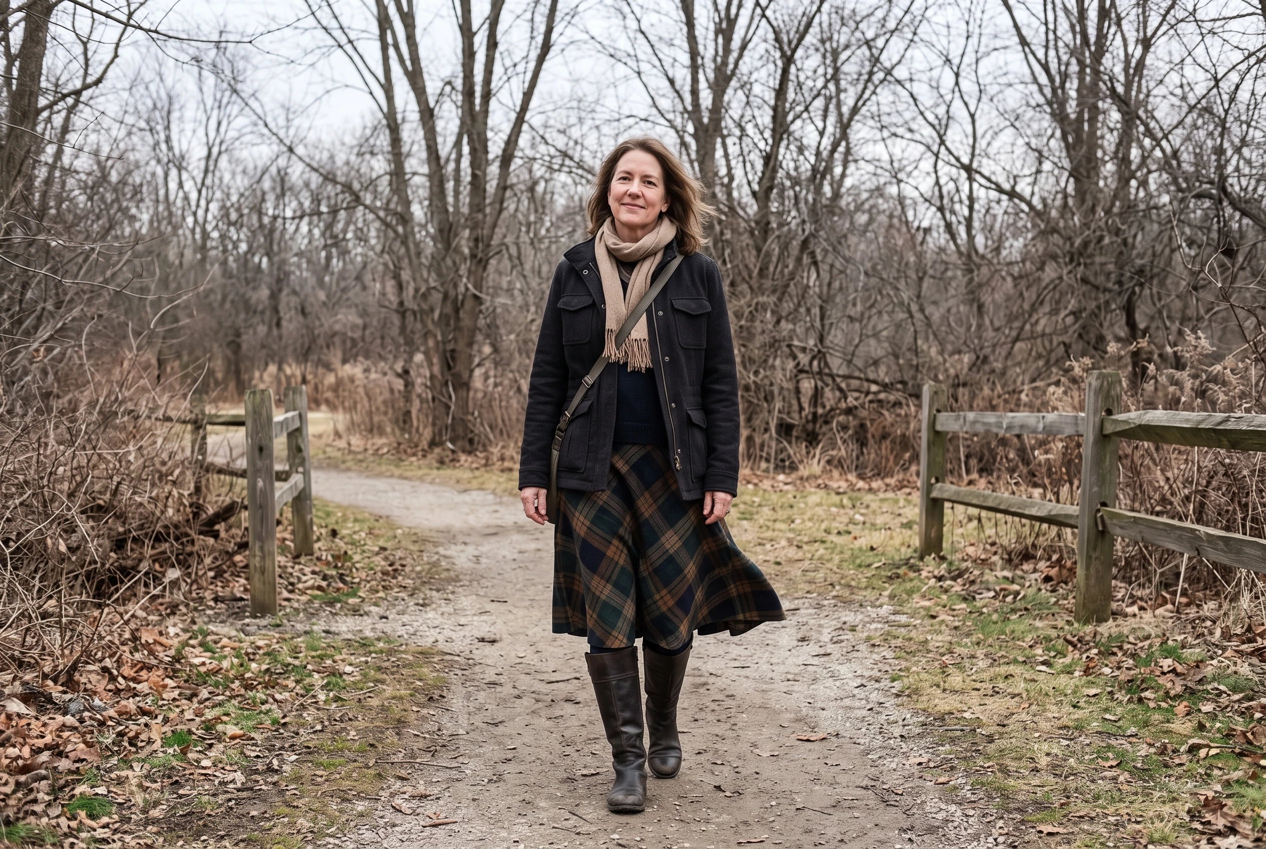A plaid midi skirt fills the center of the frame as a woman in her fifties stands beside bare trees in a park, wearing tall boots, with no writing visible.