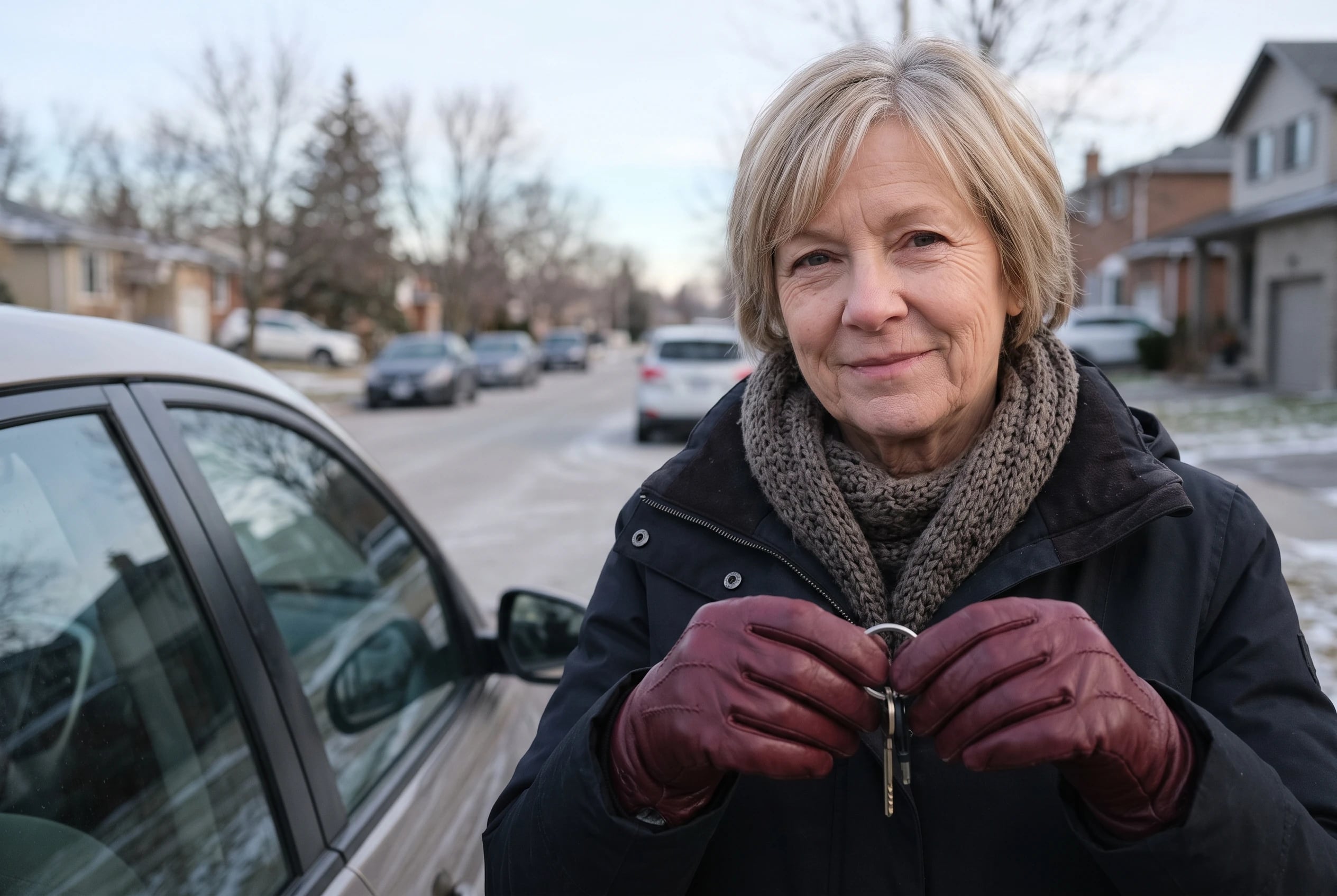 Burgundy leather gloves fill the center of the frame as a woman in her sixties grips her keys beside a parked car on a cold morning, with no writing visible.