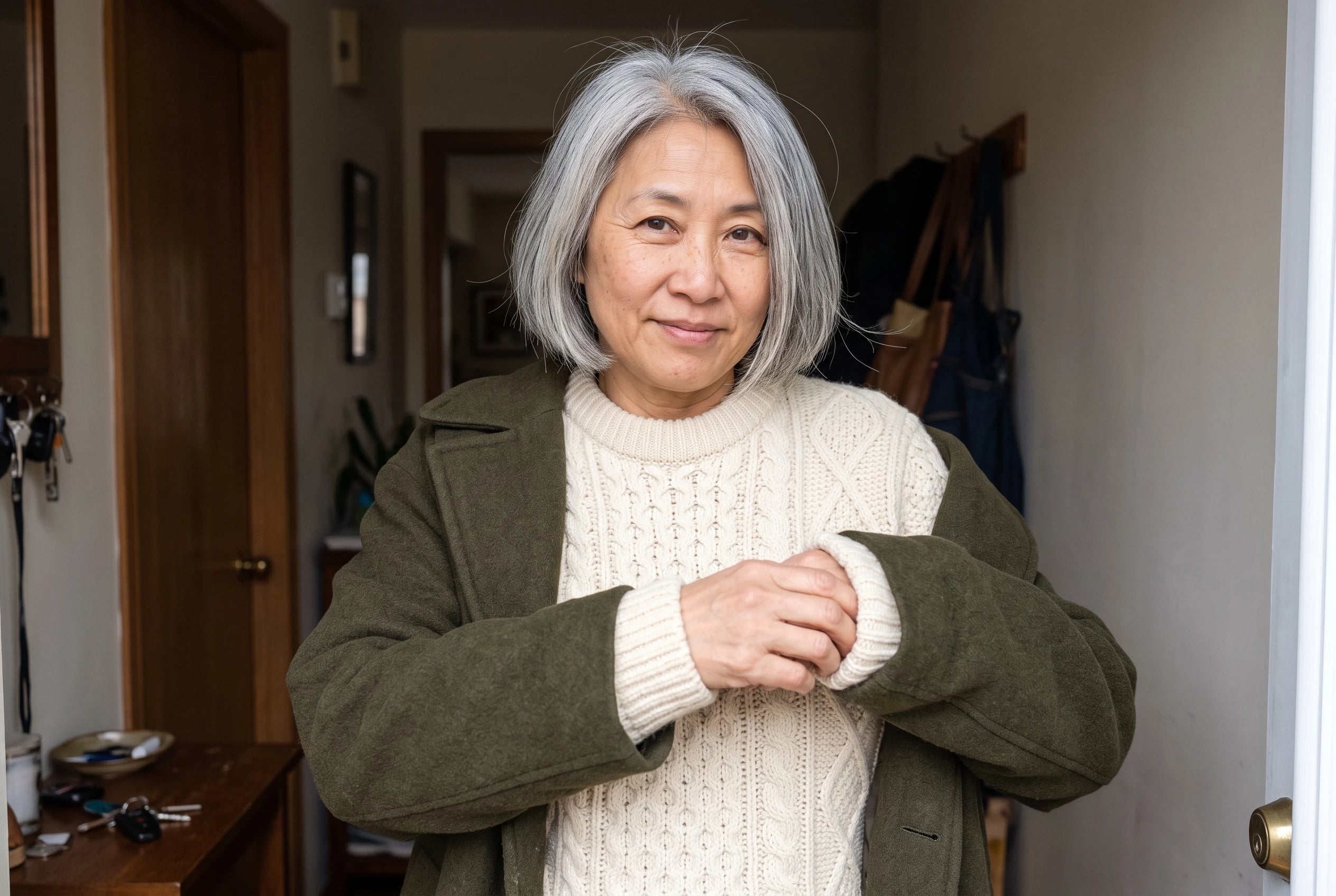 A cream fisherman sweater fills the center of the frame as a woman in her fifties pulls on a roomy coat in her hallway, with no writing visible.