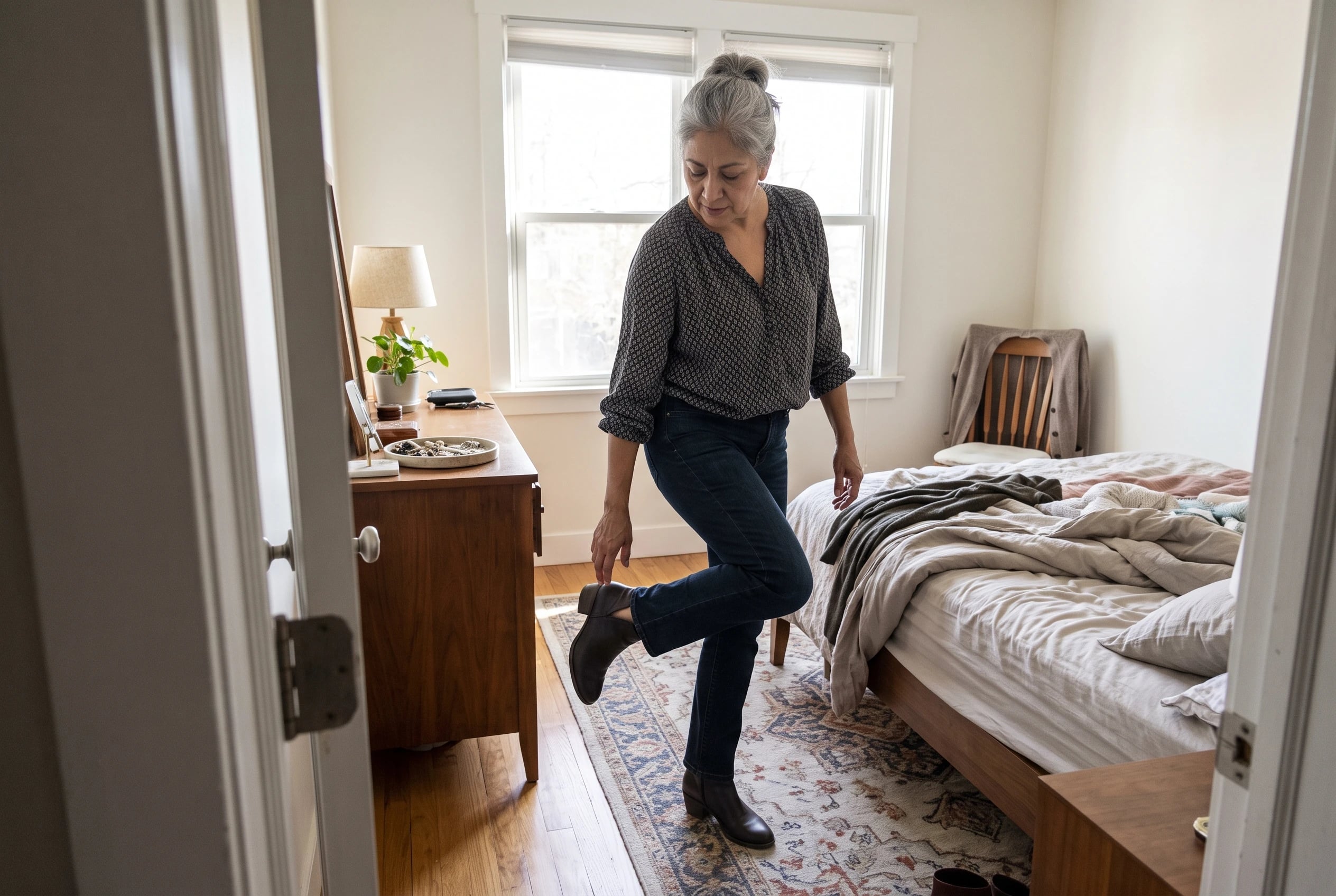 Dark straight-leg jeans fill the center of the frame as a woman in her sixties steps into ankle boots in a bedroom lit by morning sun, with no writing visible.