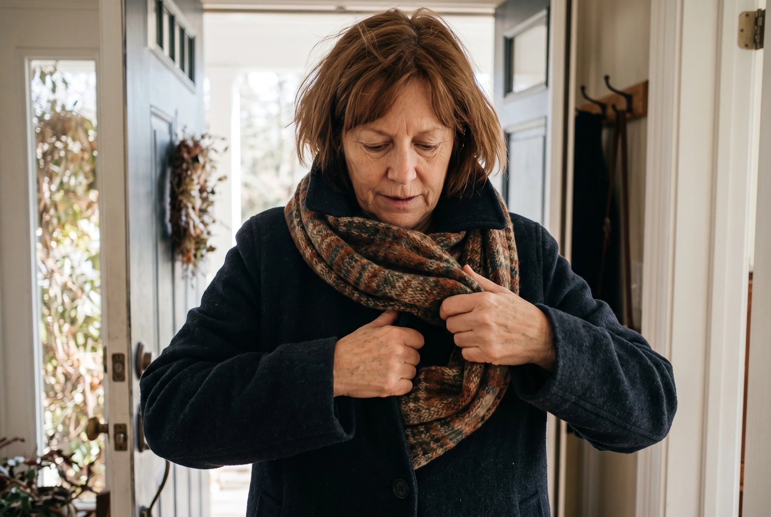 A wide wool scarf fills the center of the frame as a woman in her fifties tucks its ends into her coat near the open door of her home, with no writing visible.
