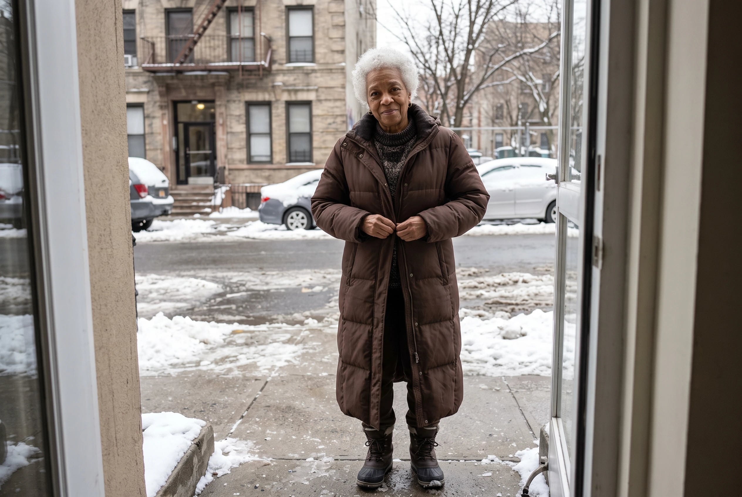 A long chocolate-brown coat fills the center of a winter street scene as a woman in her sixties buttons it over a thick sweater beside a snowy curb, with no writing visible.